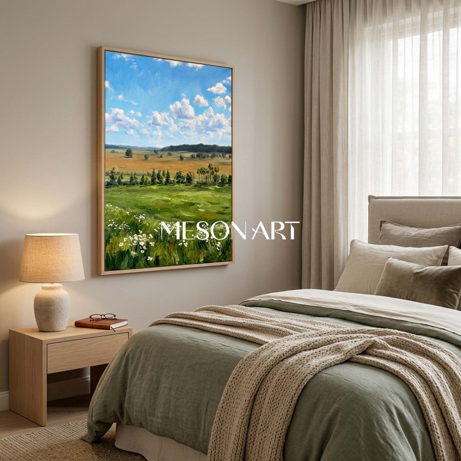 Thick Texture Landscape Oil Painting, Vertical Meadow Wall Art, Blue Sky Clouds Canvas Art, MesonArt Impasto Nature Decor