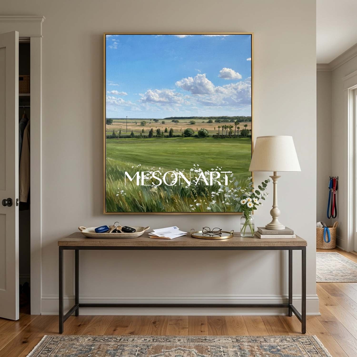 MesonArt Hyperrealistic Meadow Landscape Painting with Blue Sky for Wall Decor