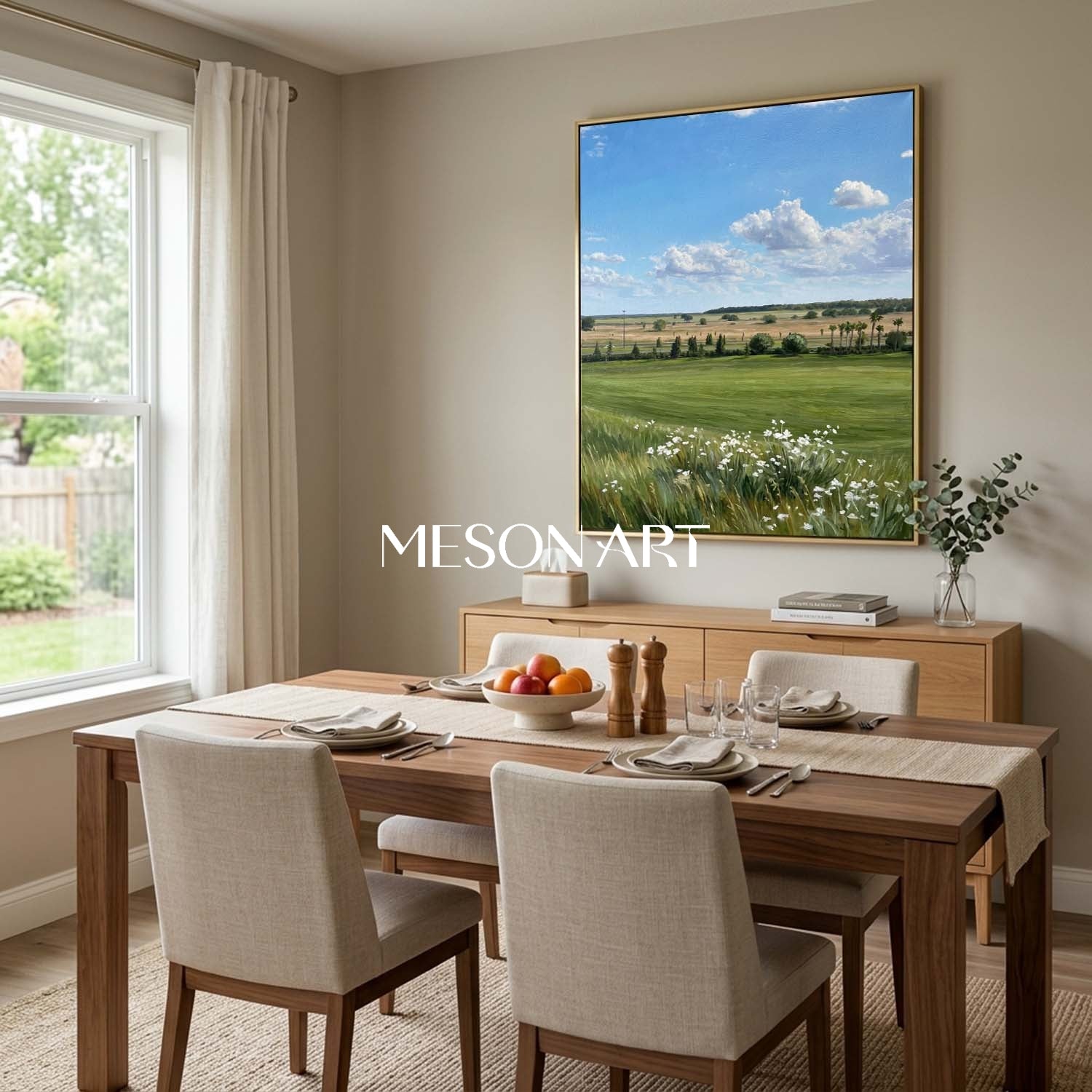 MesonArt Hyperrealistic Meadow Landscape Painting with Blue Sky for Wall Decor