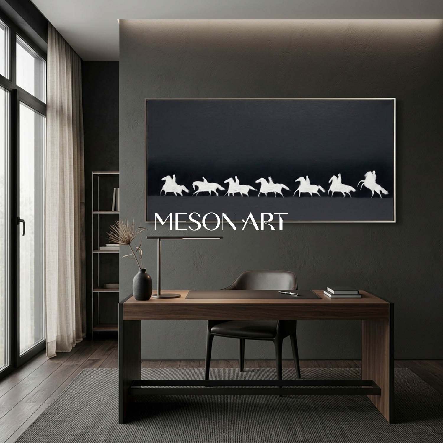 Panoramic Black and White Horse Oil Painting with 3D Impasto Texture
