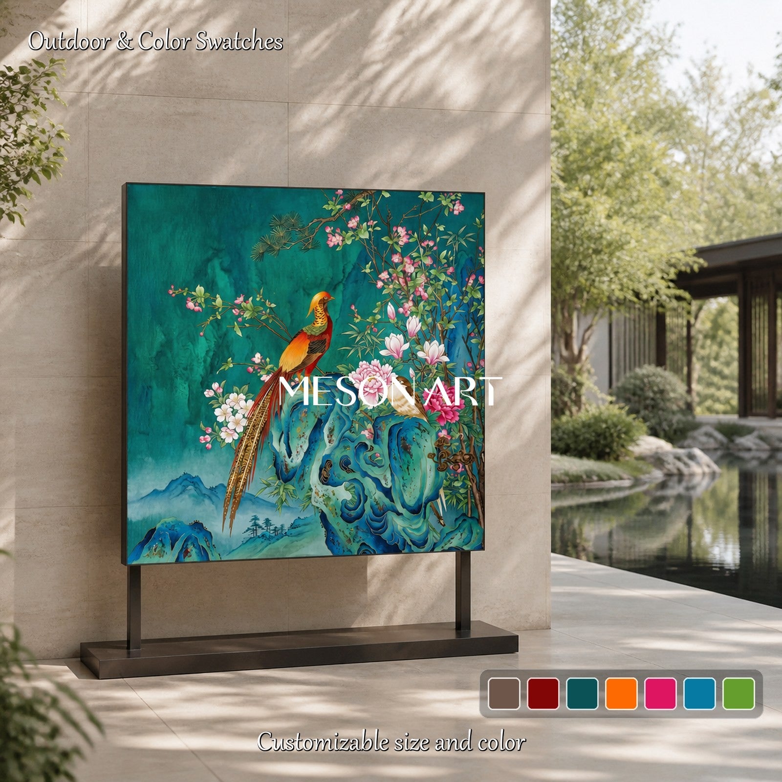 Green And Pink Gongbi Bird And Blossom Painting Square Wall Art Original Artist Hand Painted By Mesonart