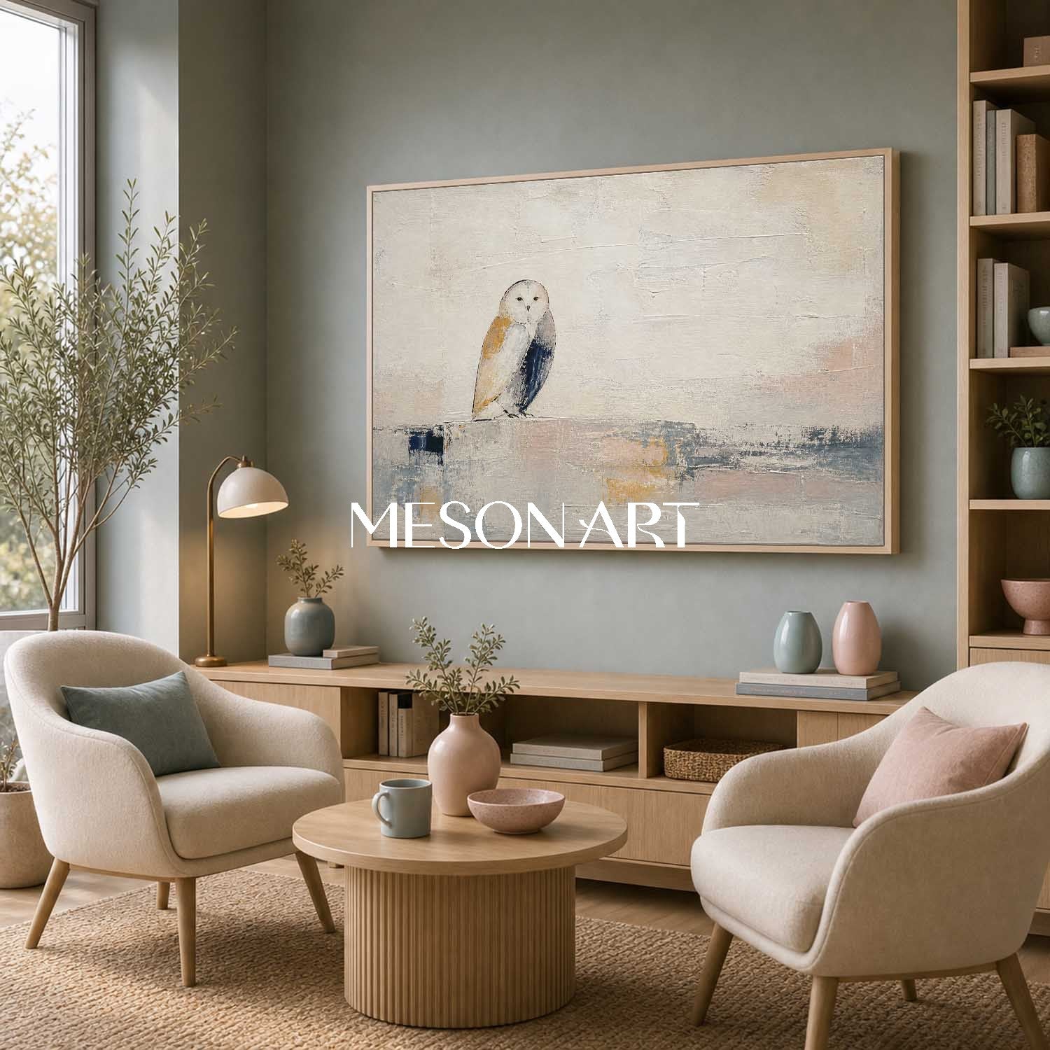 Minimalist Owl Painting In Beige And Grey Tones For Living Room Or Home Office Decor