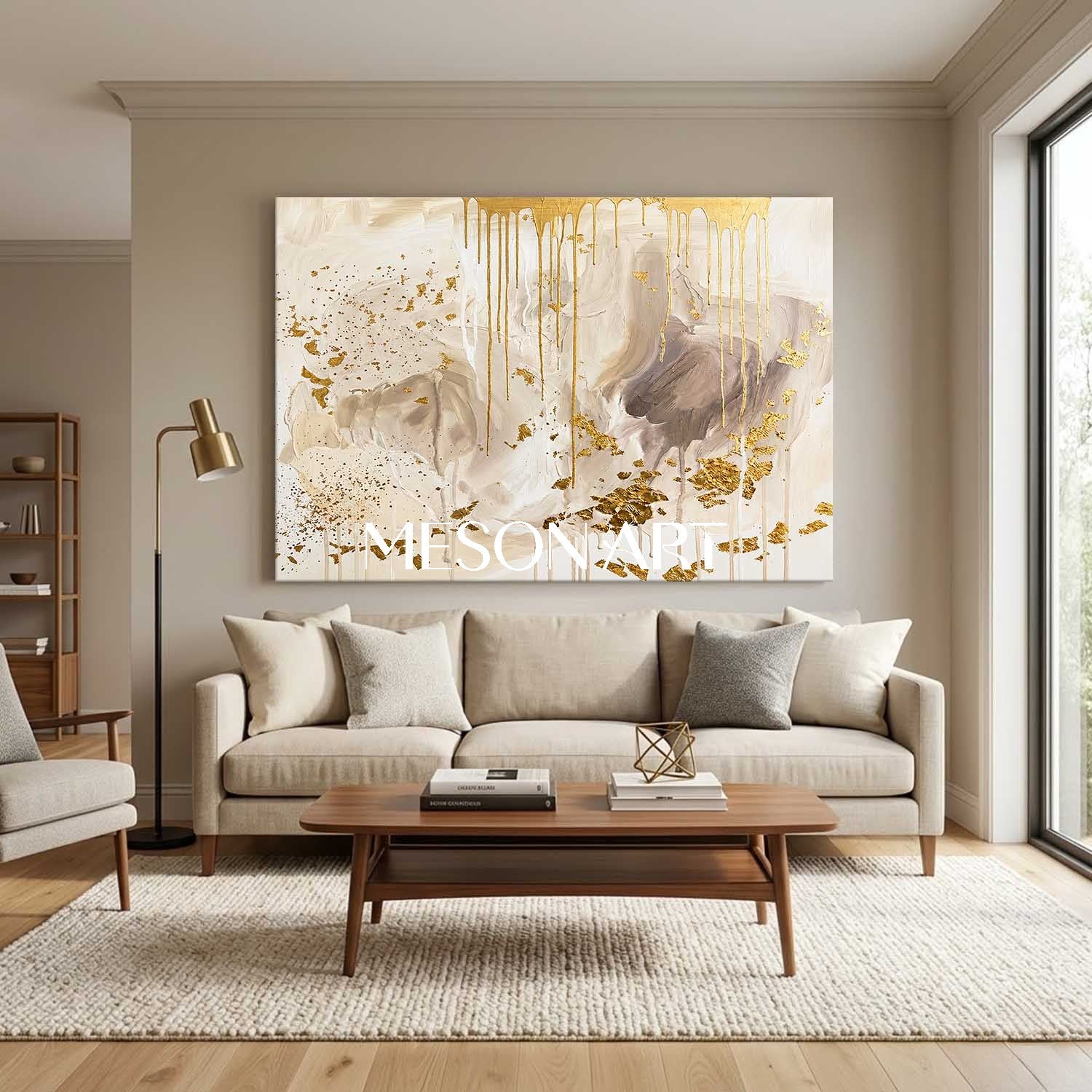 Luxury Gold Leaf Abstract Art With Cream Neutral Tones For Modern Living Room Decor
