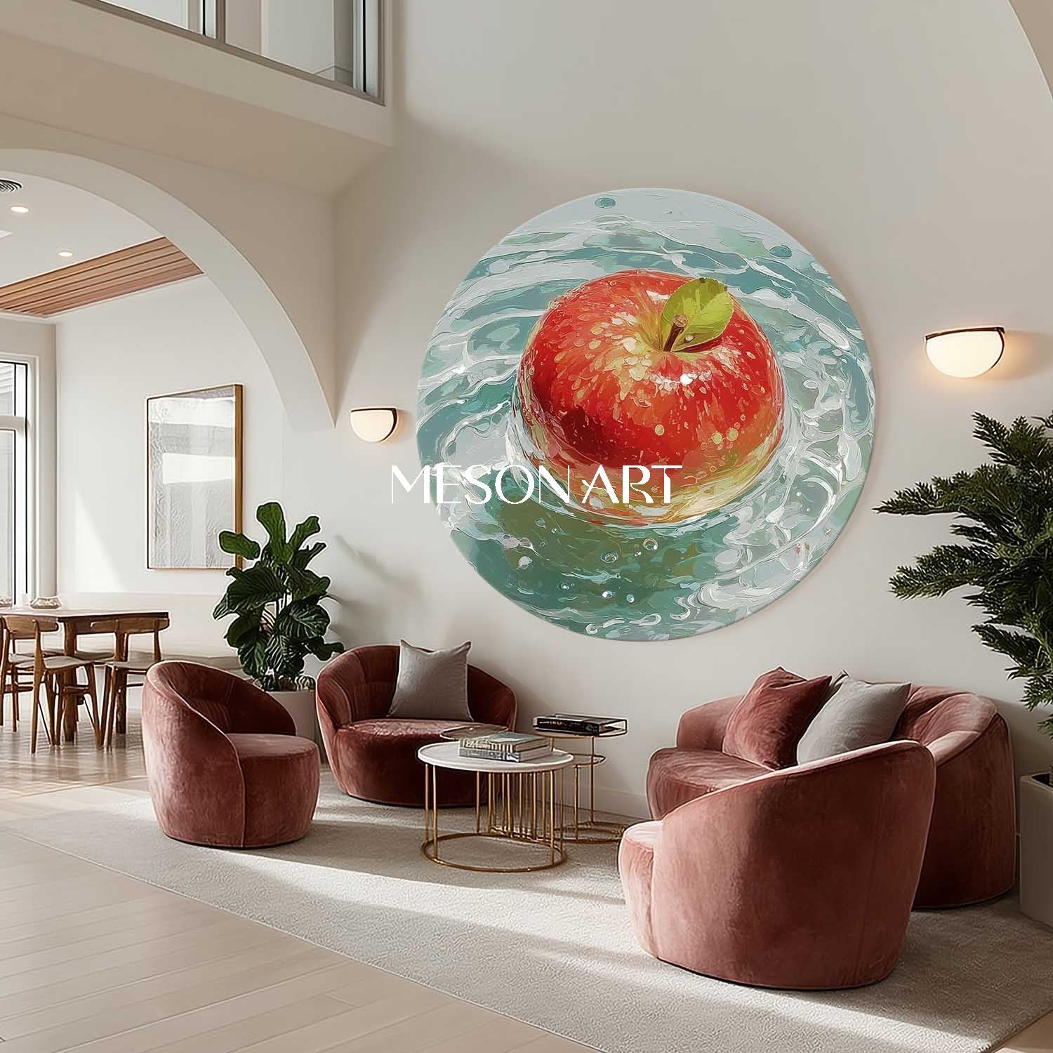 Red Apple Round Canvas Painting – Modern Still Life Wall Art