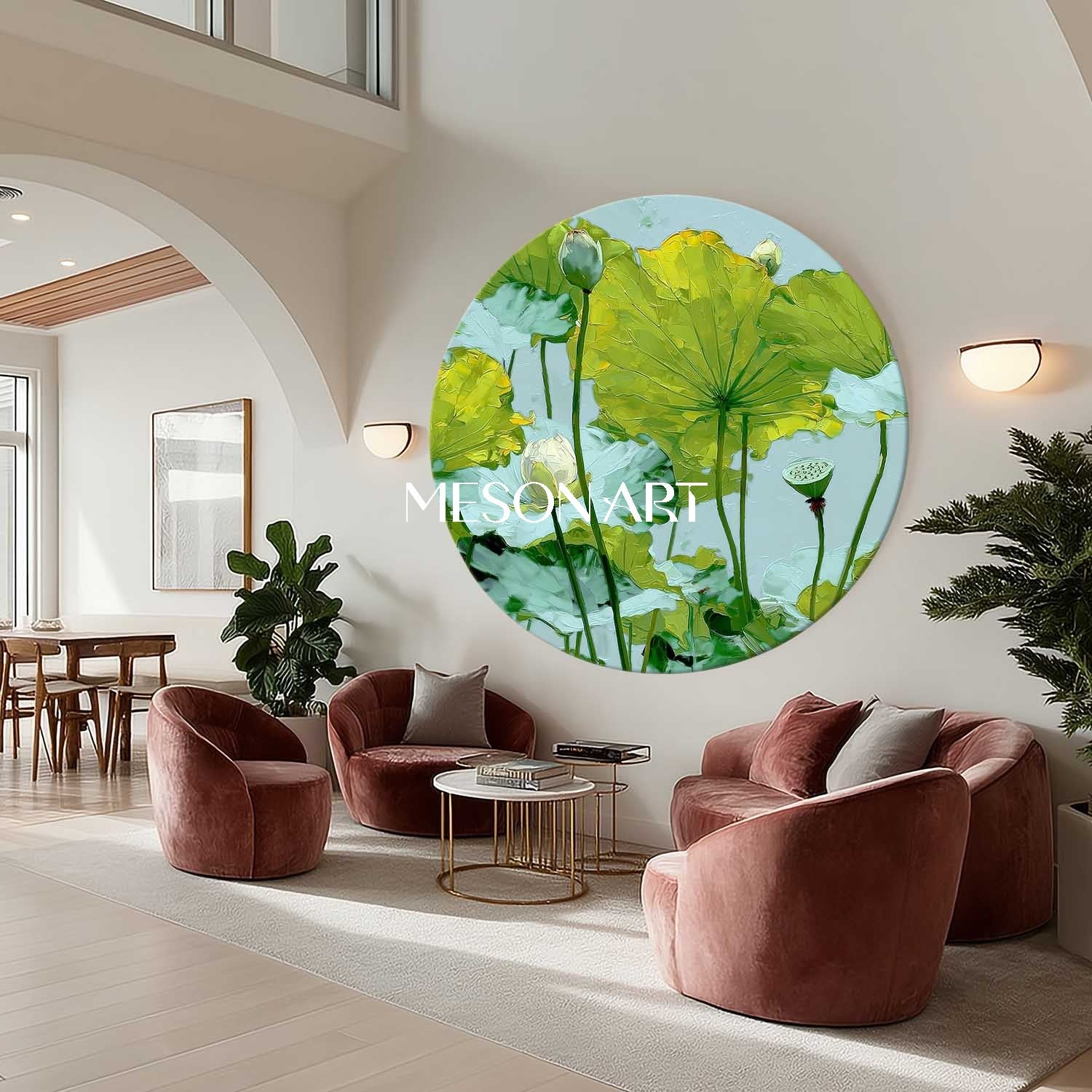 Round Lotus Landscape Canvas – Botanical Wall Art in Greens