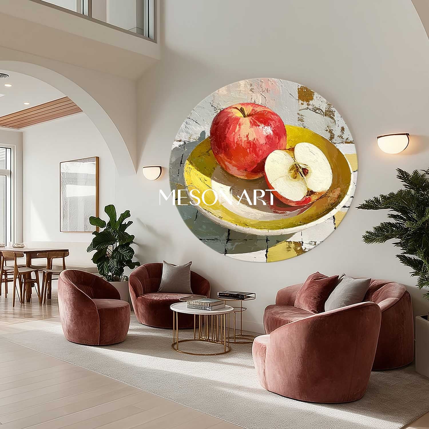 Round Canvas Printing – Apple Still Life Painting in Yellow Bowl