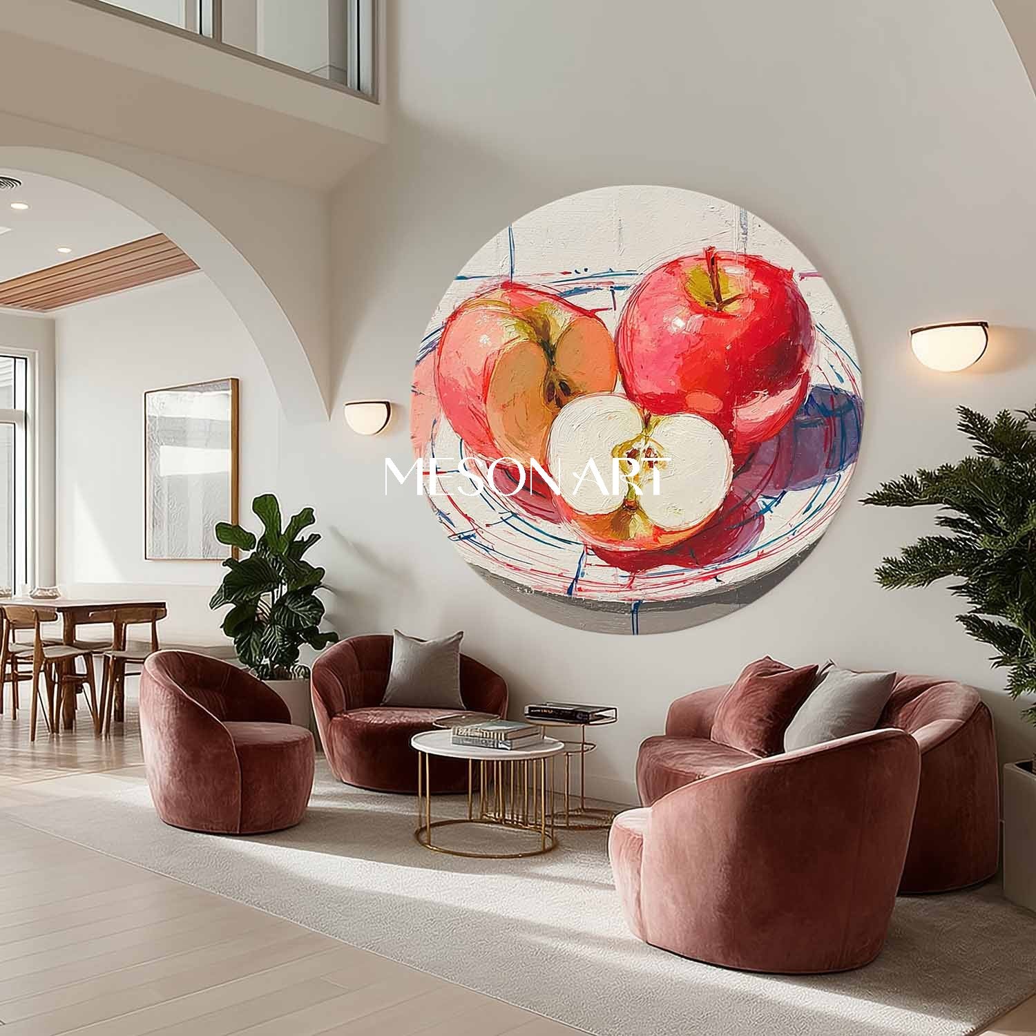 Vibrant Red Apple Still Life – Modern Kitchen Round Oil Painting Wall Art