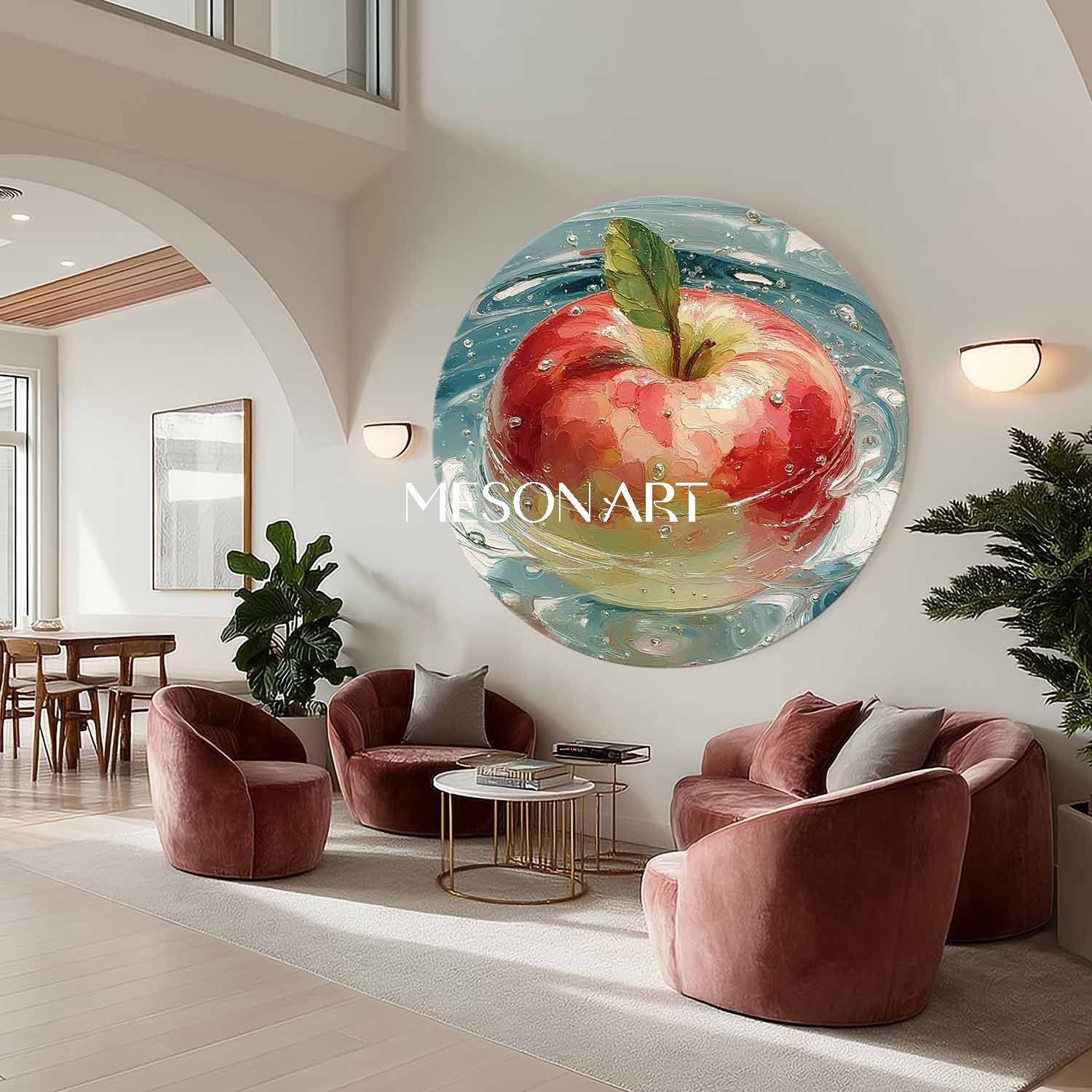 Round Apple Oil Painting on Canvas – Hand-Painted Kitchen Wall Art