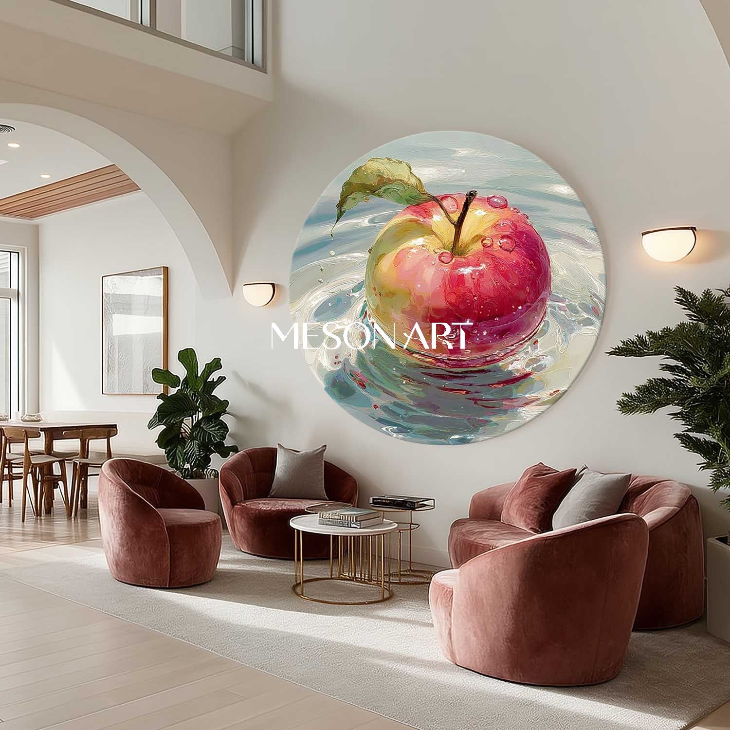 Round Apple Oil Painting on Canvas – Hand-Painted Kitchen Wall Art