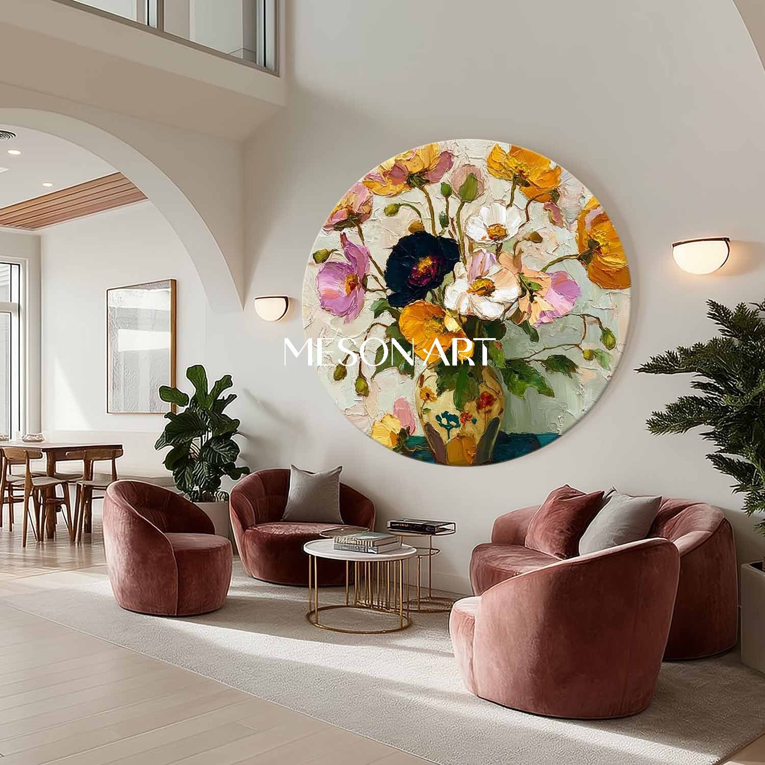 Round Floral Oil Painting – Hand-Painted Impasto Flower Vase