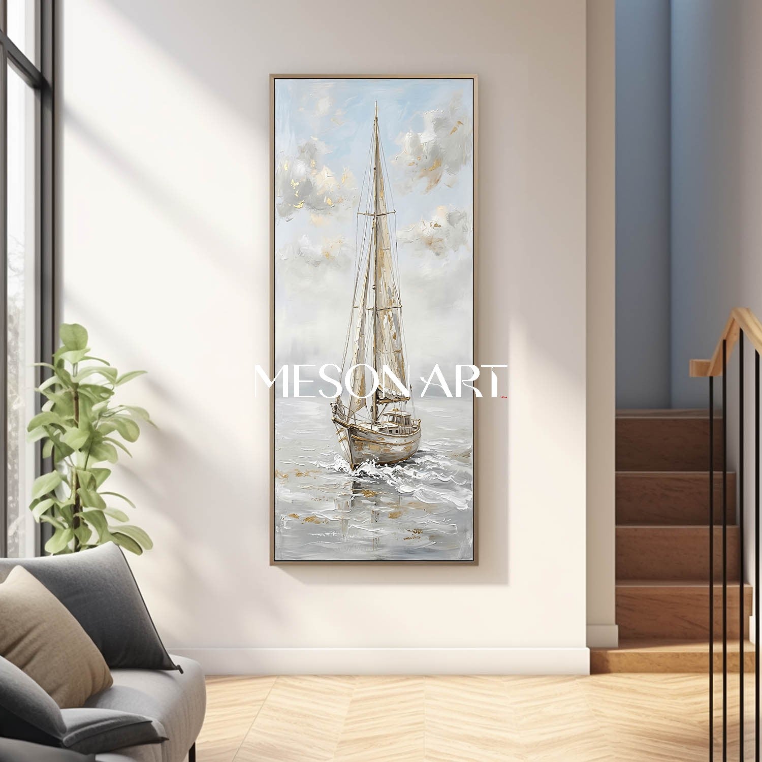 Minimalist Nautical Art Print Of Solitary Sailboat On Misty Sea For Modern Entryway Wall Decoration