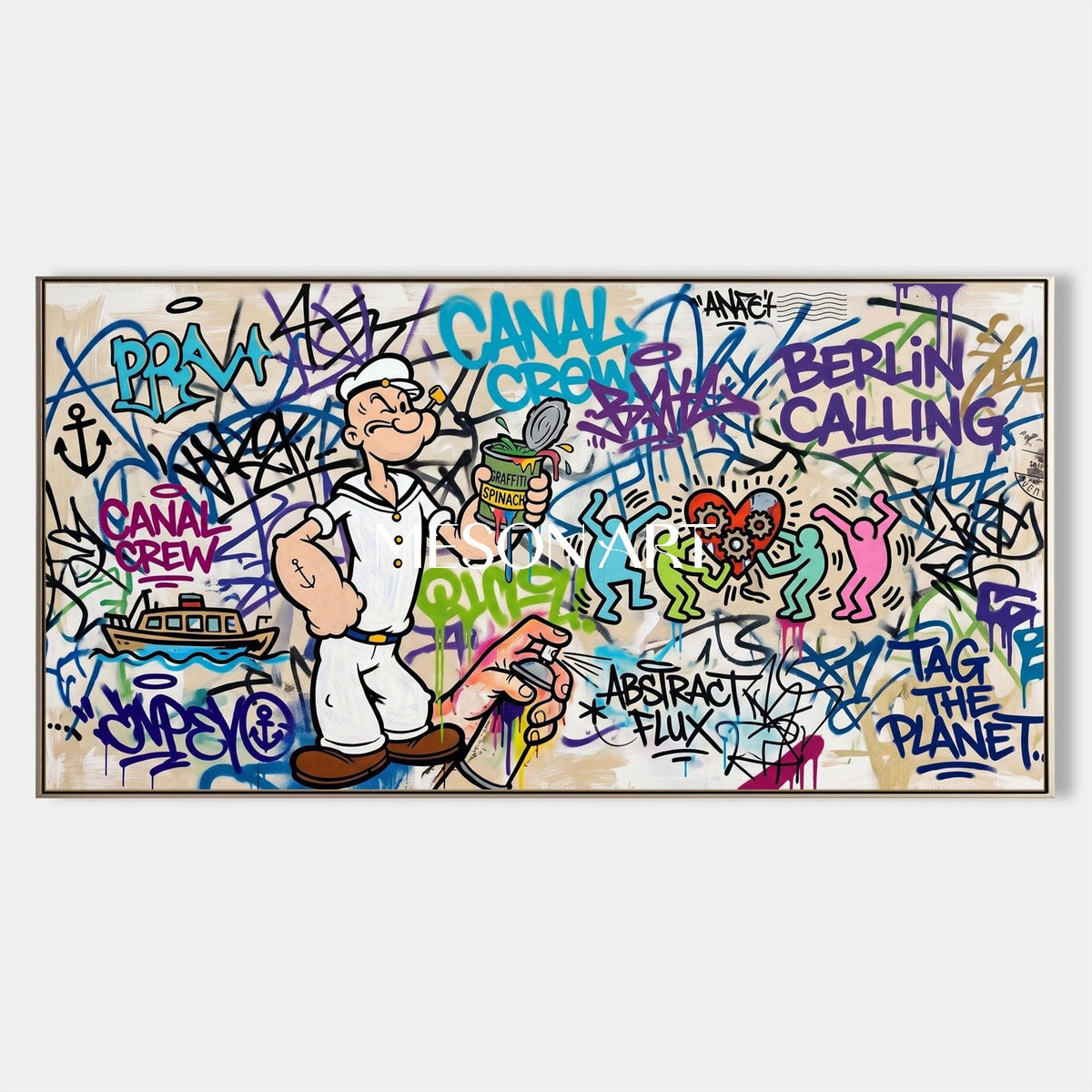Blue White Graffiti Painting Panoramic Pop Art Wall Decor For Living Room By Mesonart