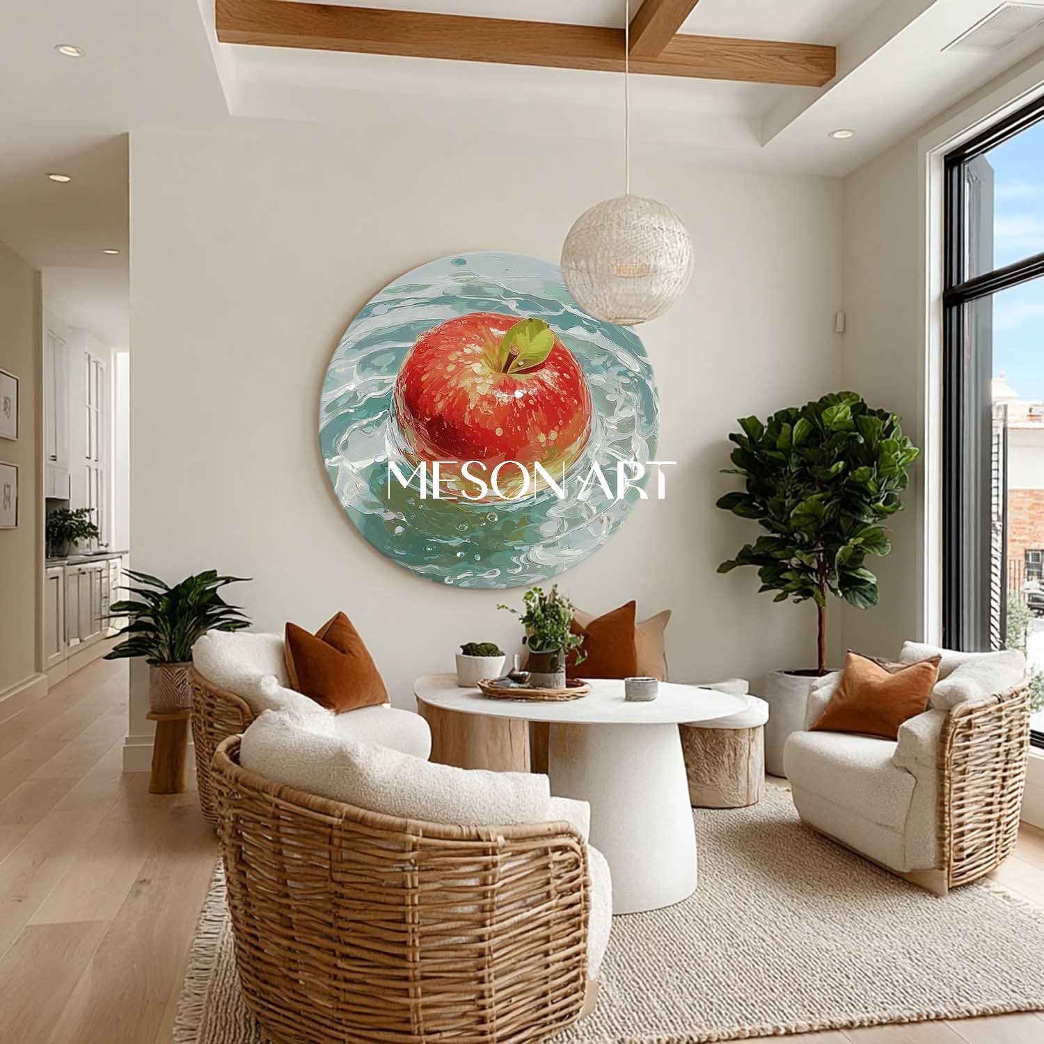 Red Apple Round Canvas Painting – Modern Still Life Wall Art