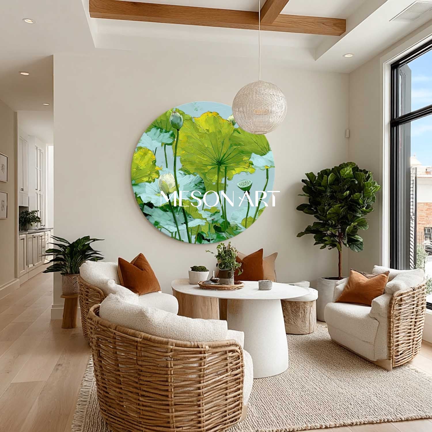 Round Lotus Landscape Canvas – Botanical Wall Art in Greens
