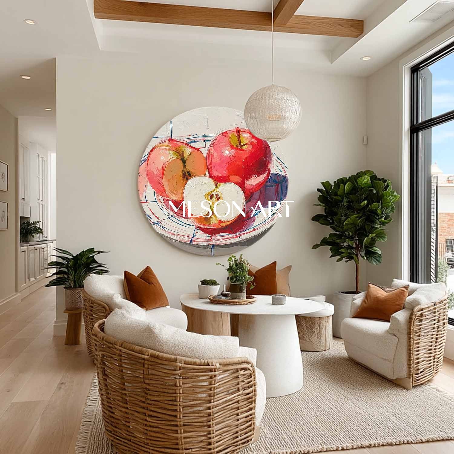 Vibrant Red Apple Still Life – Modern Kitchen Round Oil Painting Wall Art