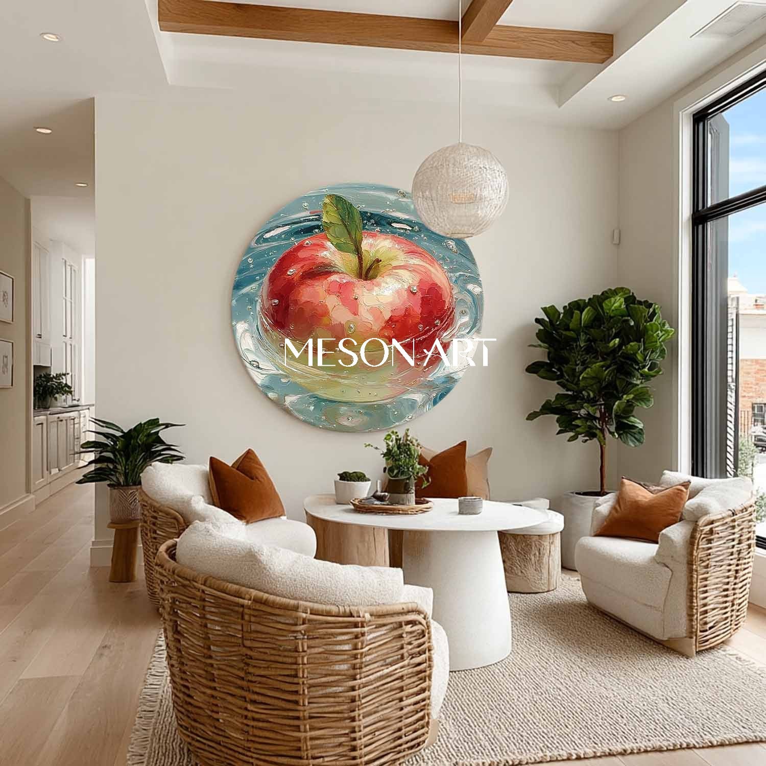 Round Apple Oil Painting on Canvas – Hand-Painted Kitchen Wall Art