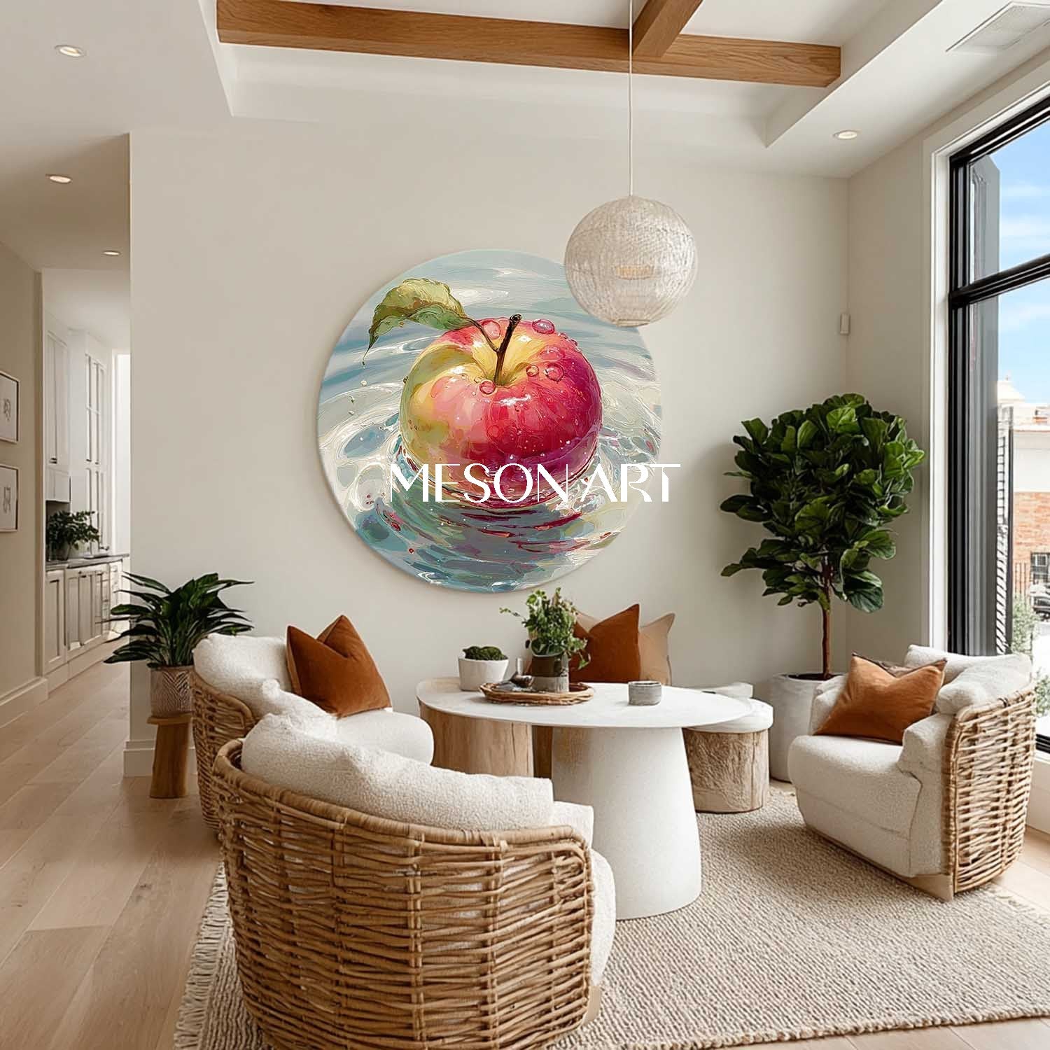Round Apple Oil Painting on Canvas – Hand-Painted Kitchen Wall Art