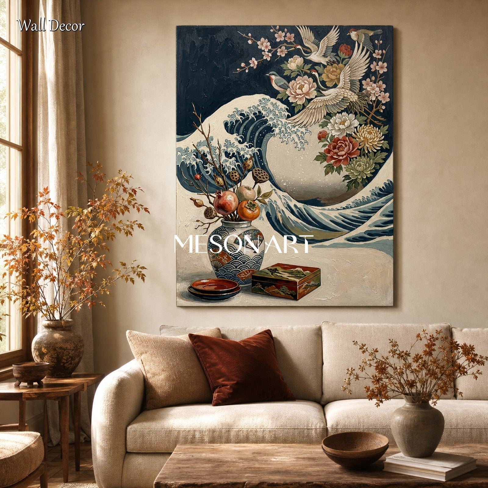 Japanese Ukiyo-e And Art Deco Floral Crane Painting For Modern Home Decor