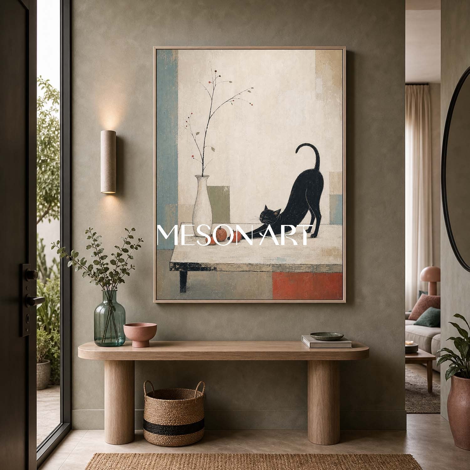 Minimalist Black Cat Painting With Autumn Fruits And Art Deco Background For Living Room Entryway Decor