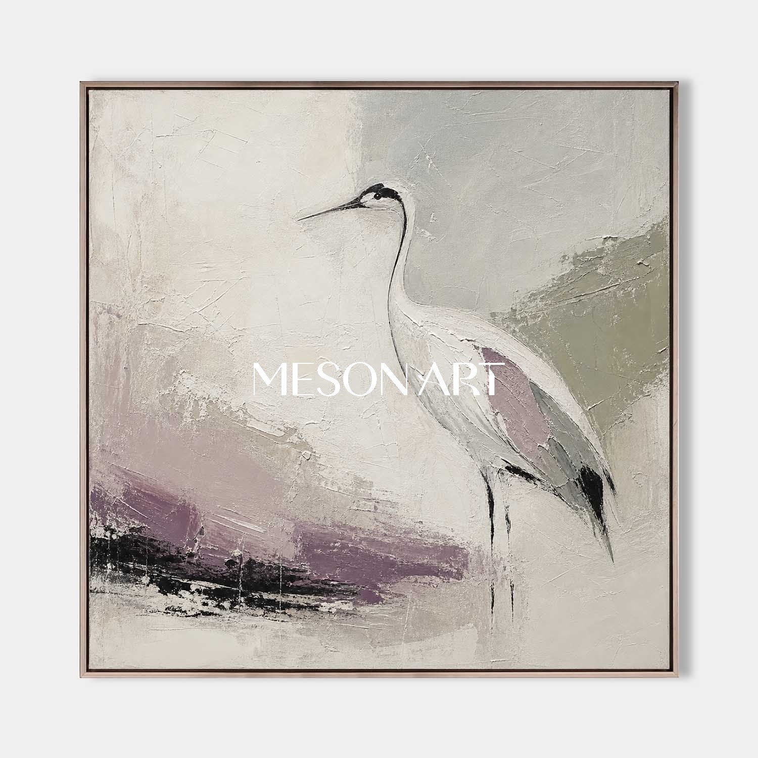 Minimalist Crane Oil Painting On Linen Canvas With Textured Brushwork For Living Room And Bedroom Decor