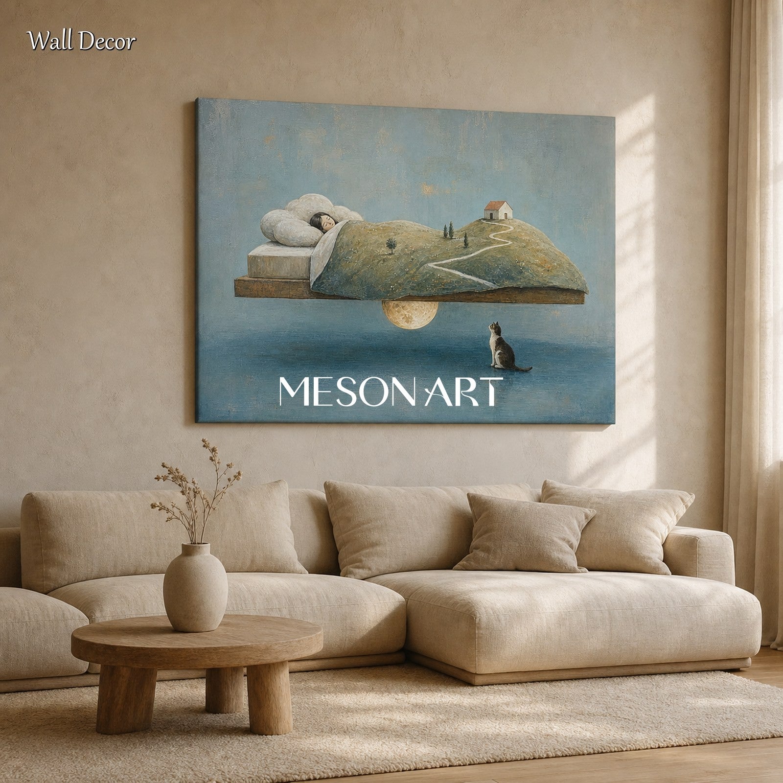 Minimalist Surreal Dream Painting For Serene Bedroom Living Space With Soft Blue Earth Tones