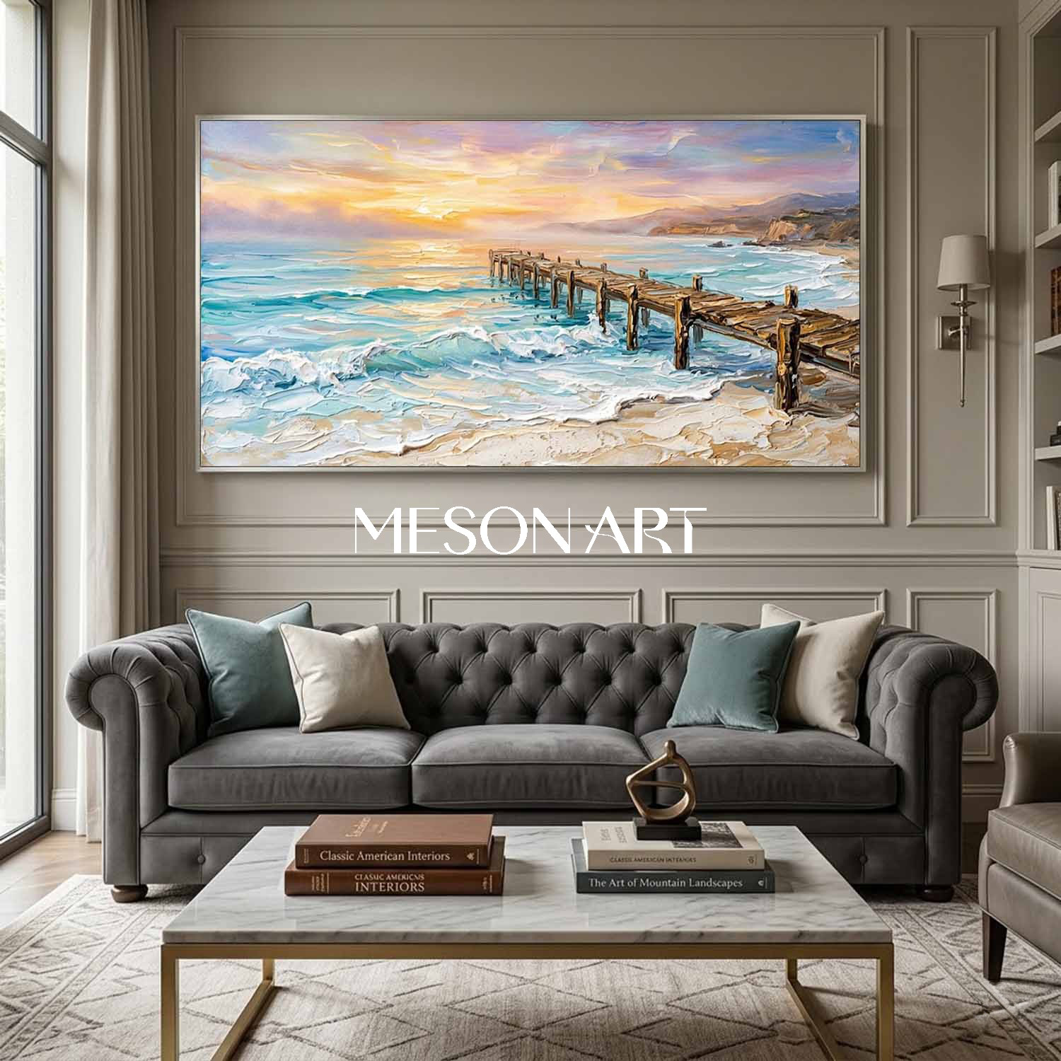 Luxury Coastal Seascape Painting With Impasto Texture For Modern Living Room Decor