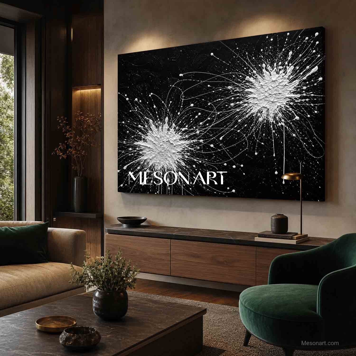 Original Black And White Pollock Style Abstract Painting With Textured Relief For Modern Living Room