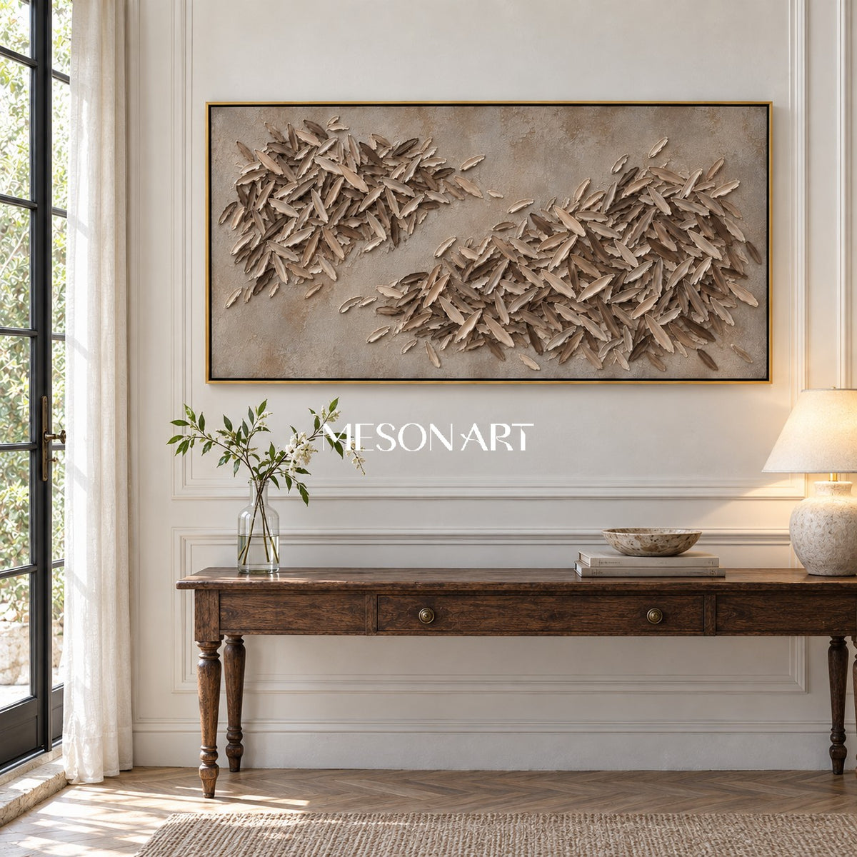 Beige And Brown Textured Abstract Art Minimalist Wabi Sabi Panoramic Wall Decor For Living Room By Mesonart