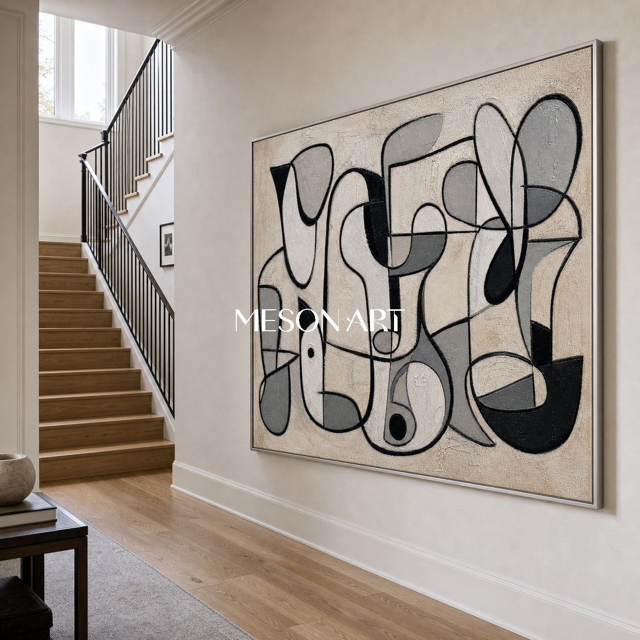 Minimalist Abstract Painting With Cubist Geometry In Beige Black Grey For Modern Home Decor