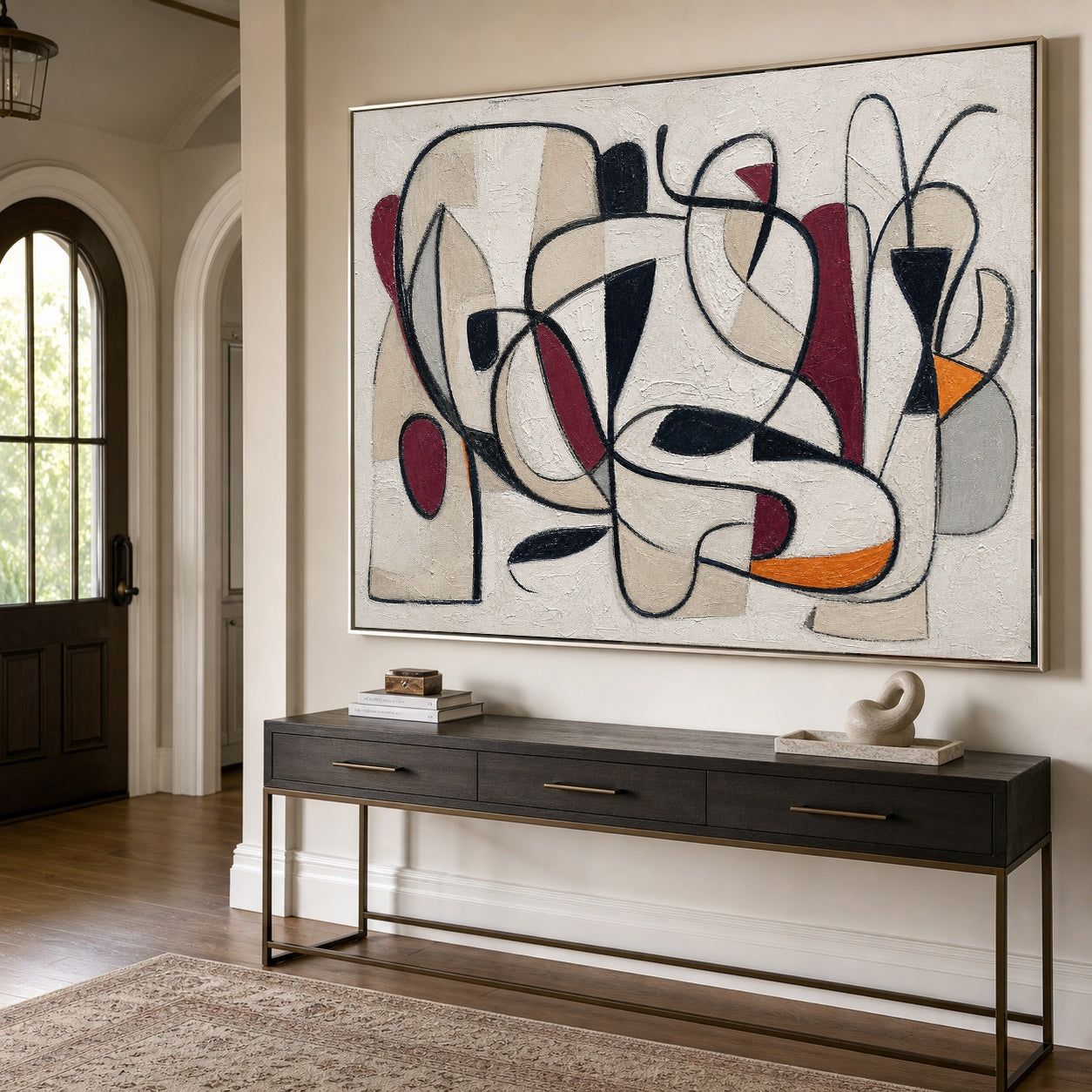 Abstract Horizontal Wall Art With Neutral Beige And Black Lines For Modern Living Room Decor