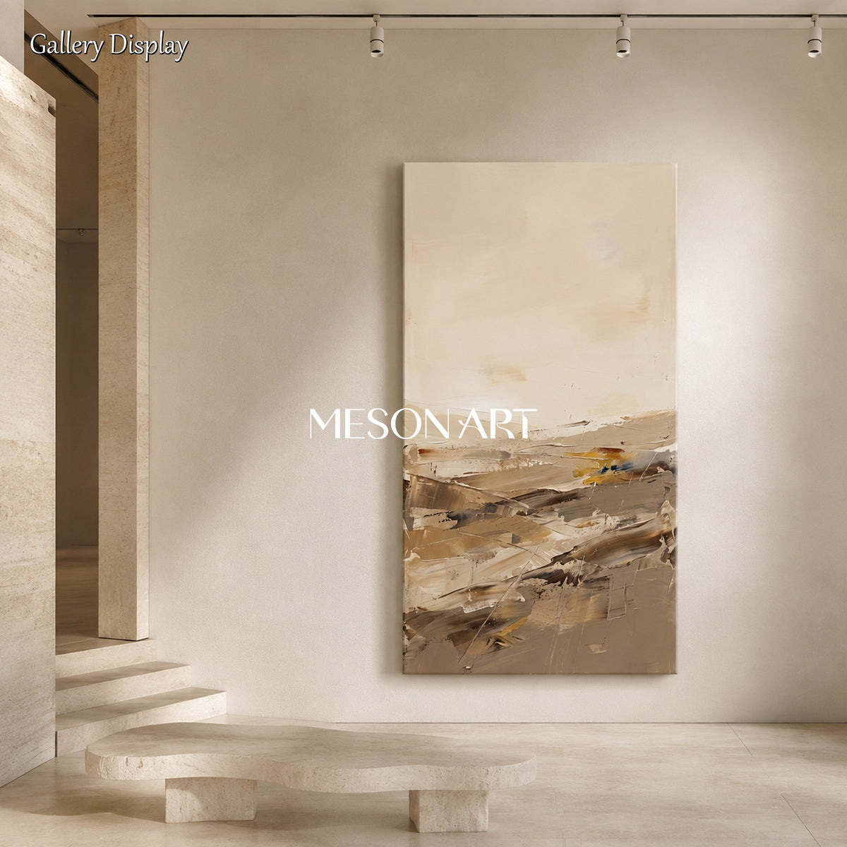 Beige And Gold Abstract Painting Panoramic Wall Art For Living Room By Mesonart