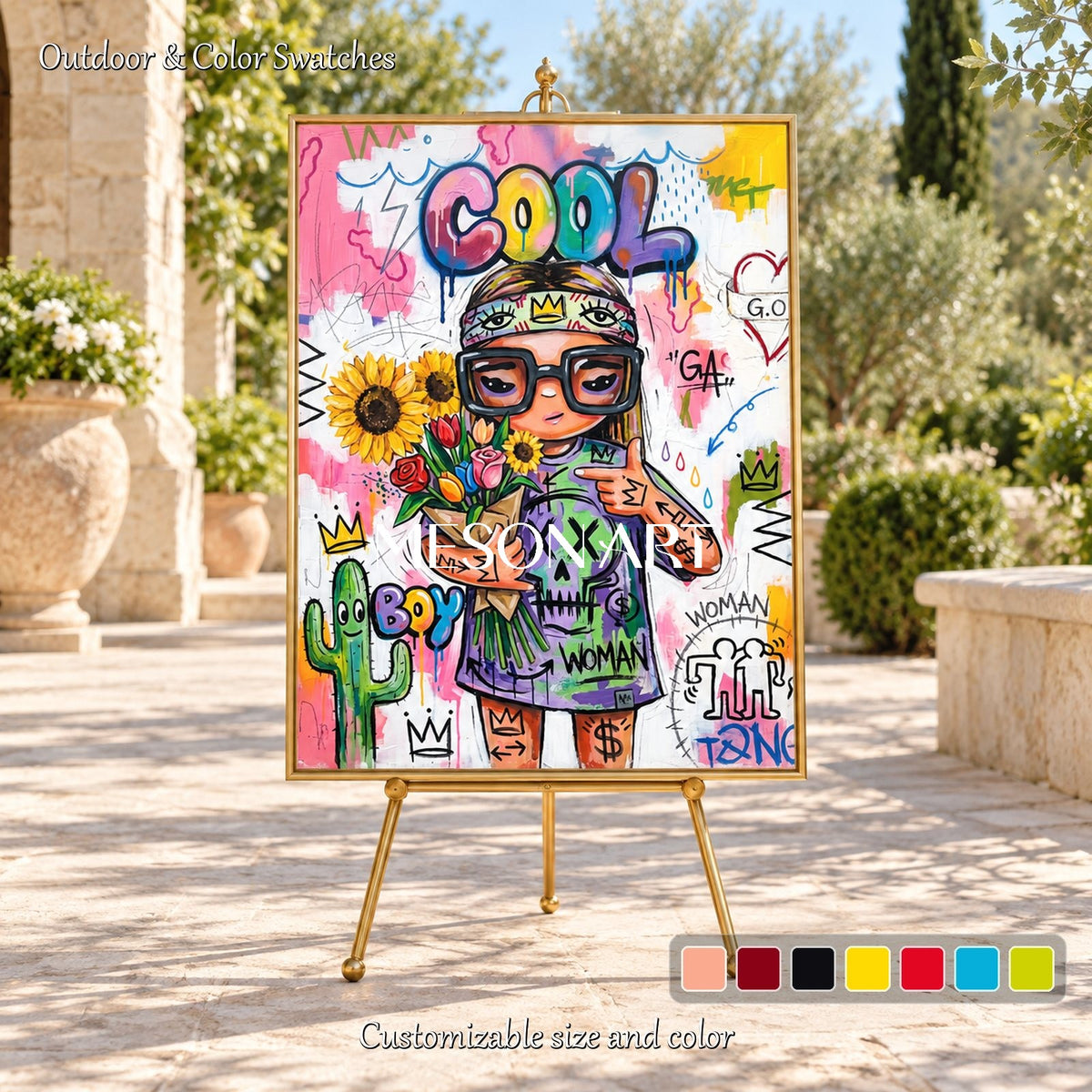 Pink And Yellow Graffiti Art Cool Girl Painting Rectangular Wall Decor For Living Room By Mesonart