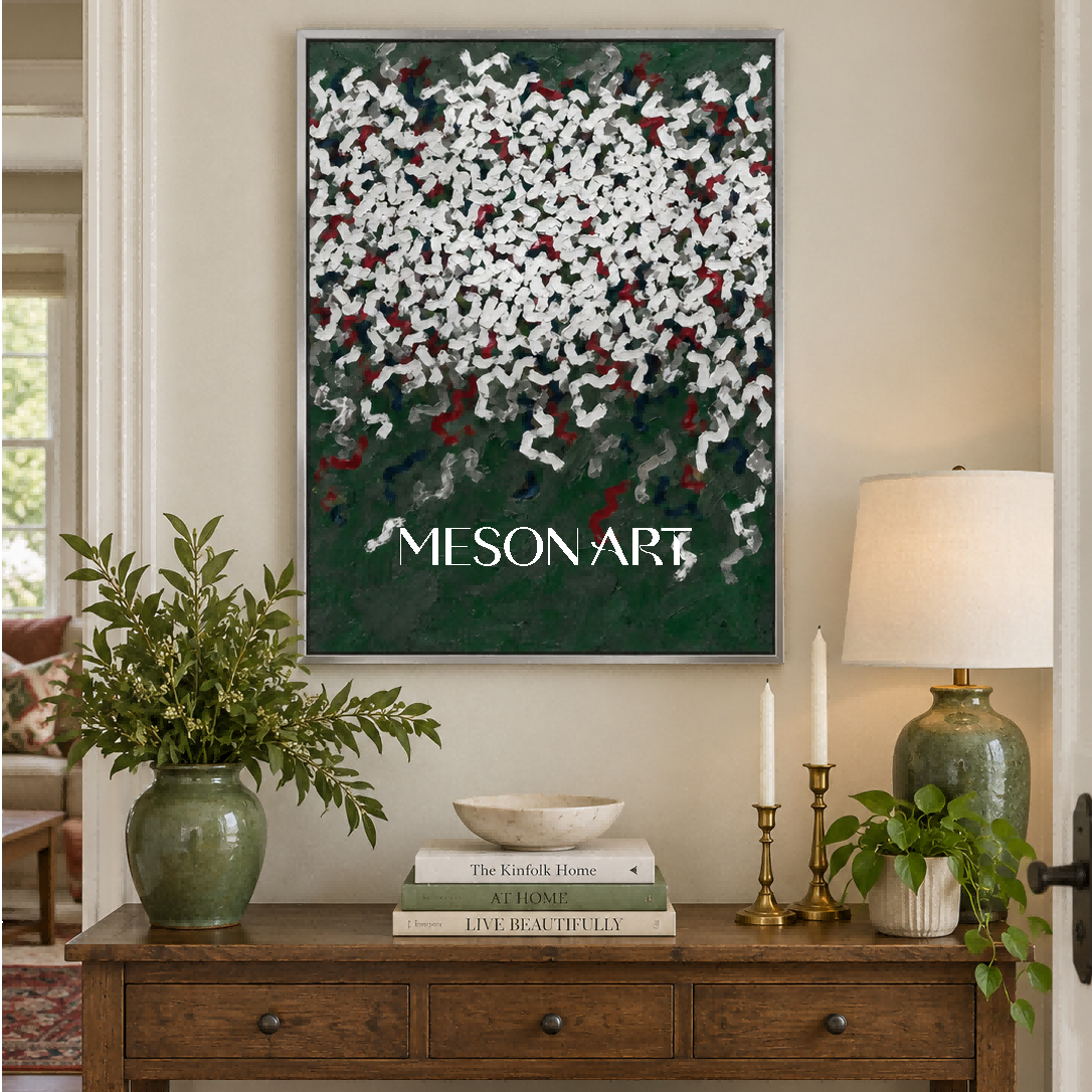Green And White Abstract Art Wabi-Sabi Impasto Palette Knife Painting Rectangular Wall Decor For Living Room By Mesonart