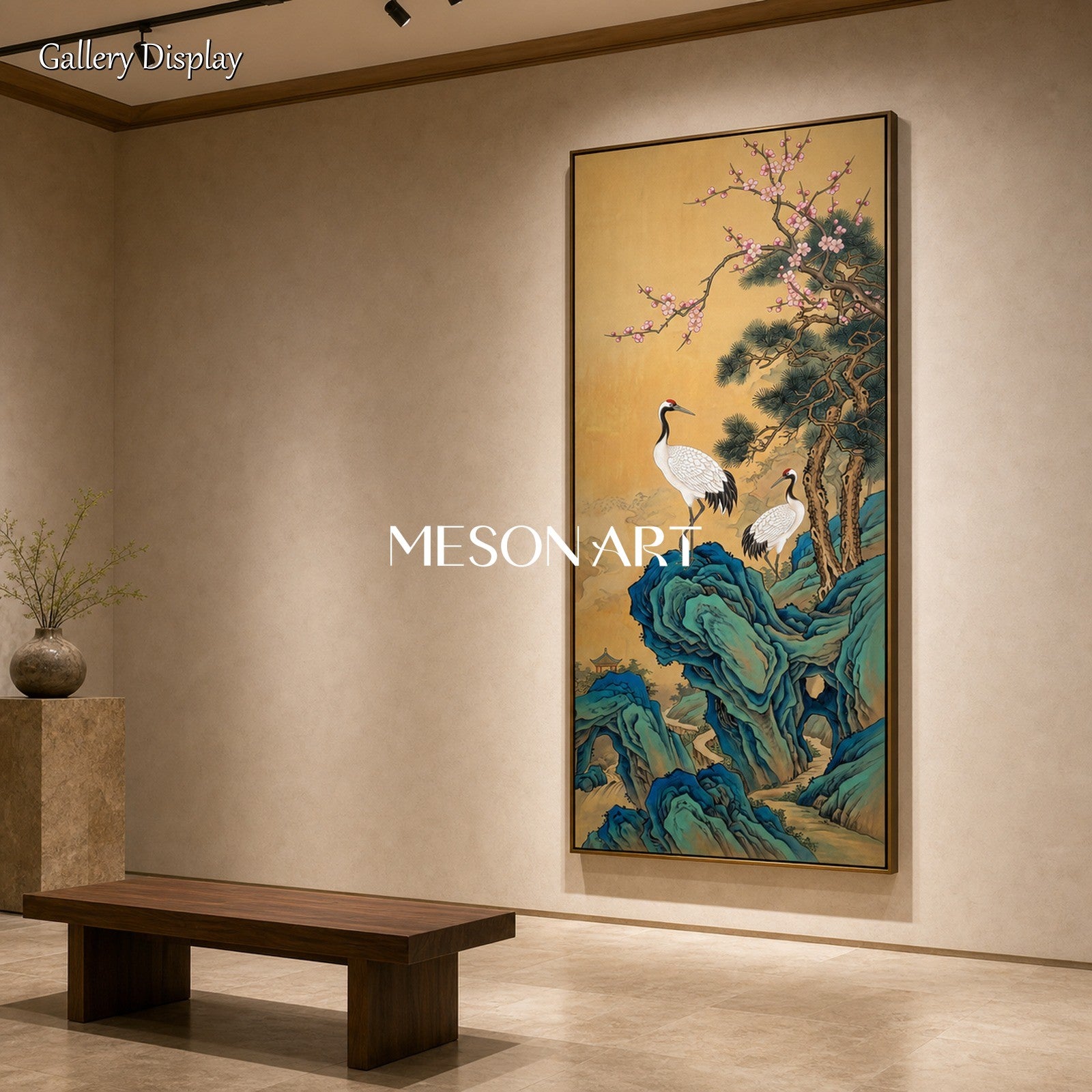 Gold And Blue Gongbi Painting Panoramic Bird And Blossom Art Asian Wall Decor By Mesonart