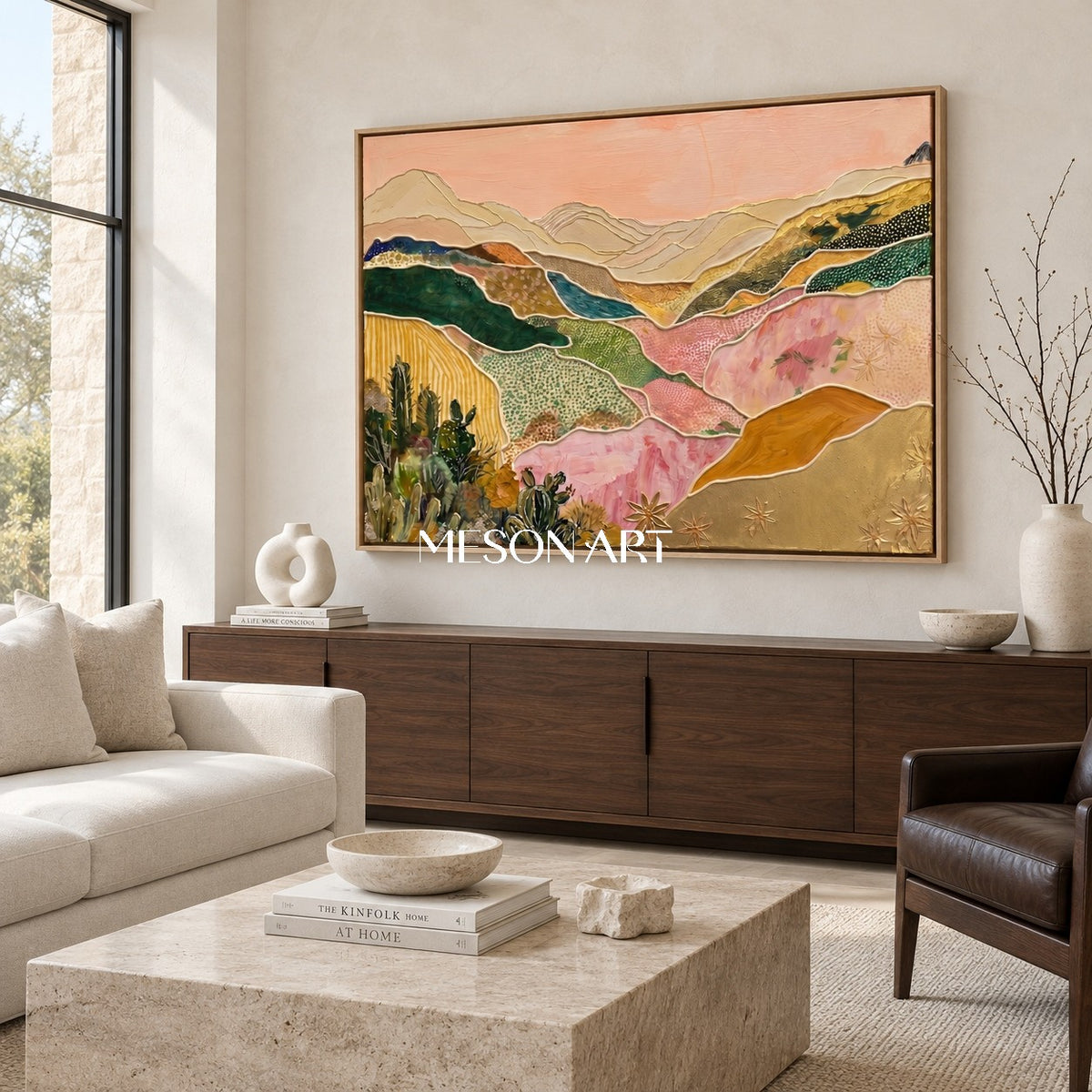 Pink And Gold Desert Landscape Textured Art Contemporary Organic Cactus Relief By Mesonart
