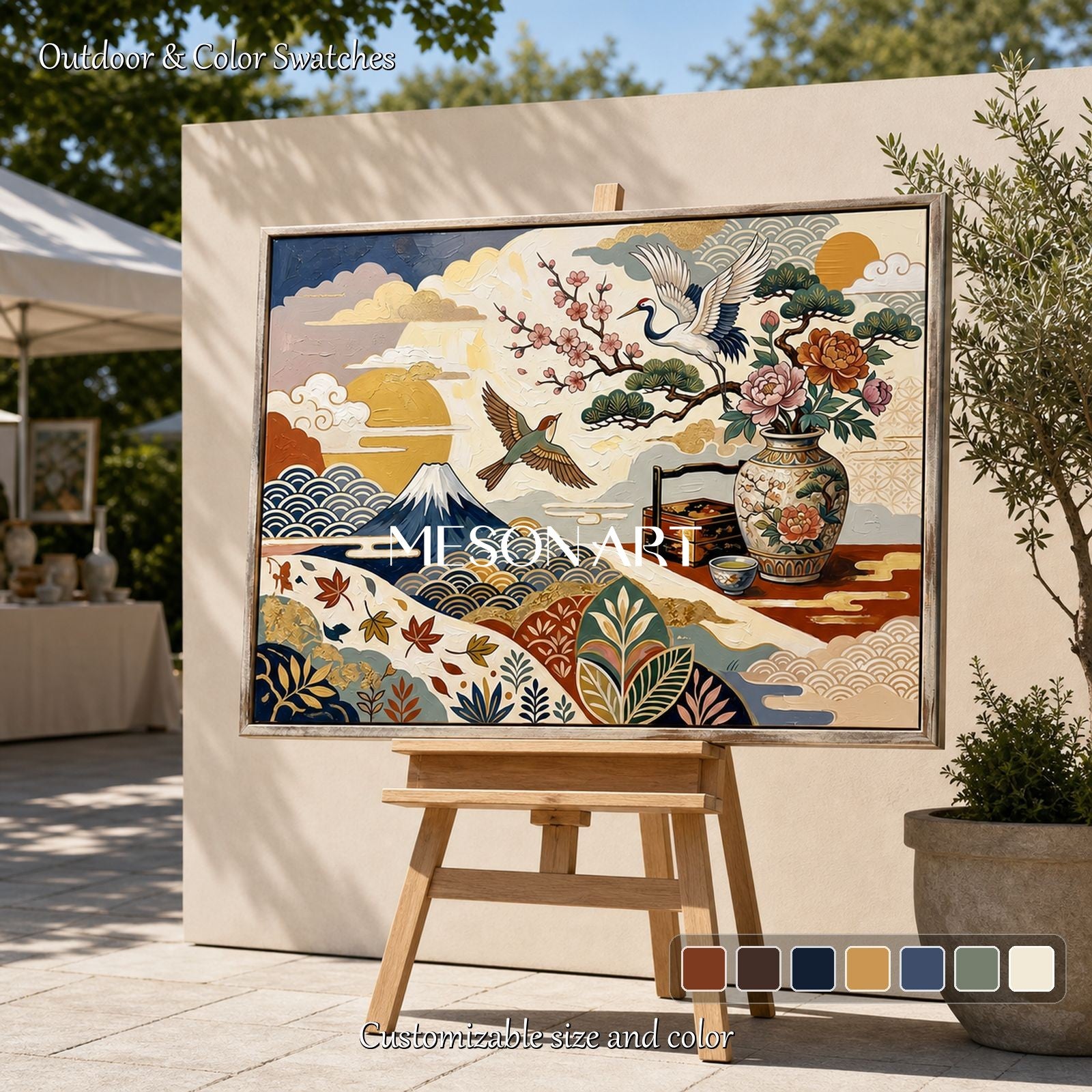 Japanese Ukiyo-E Crane Art With Gold Texture For Living Room Decor