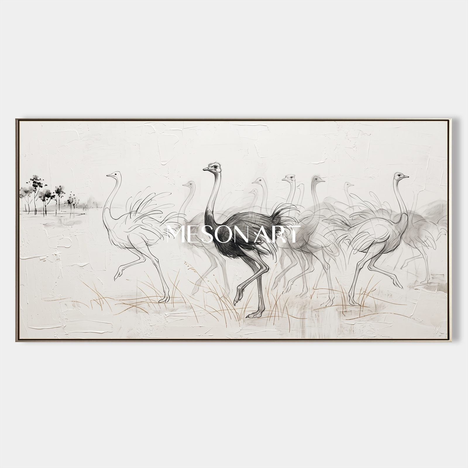 White And Black Ostrich Minimalist Painting Original Artist Panoramic Wall Art For Living Room By Mesonart