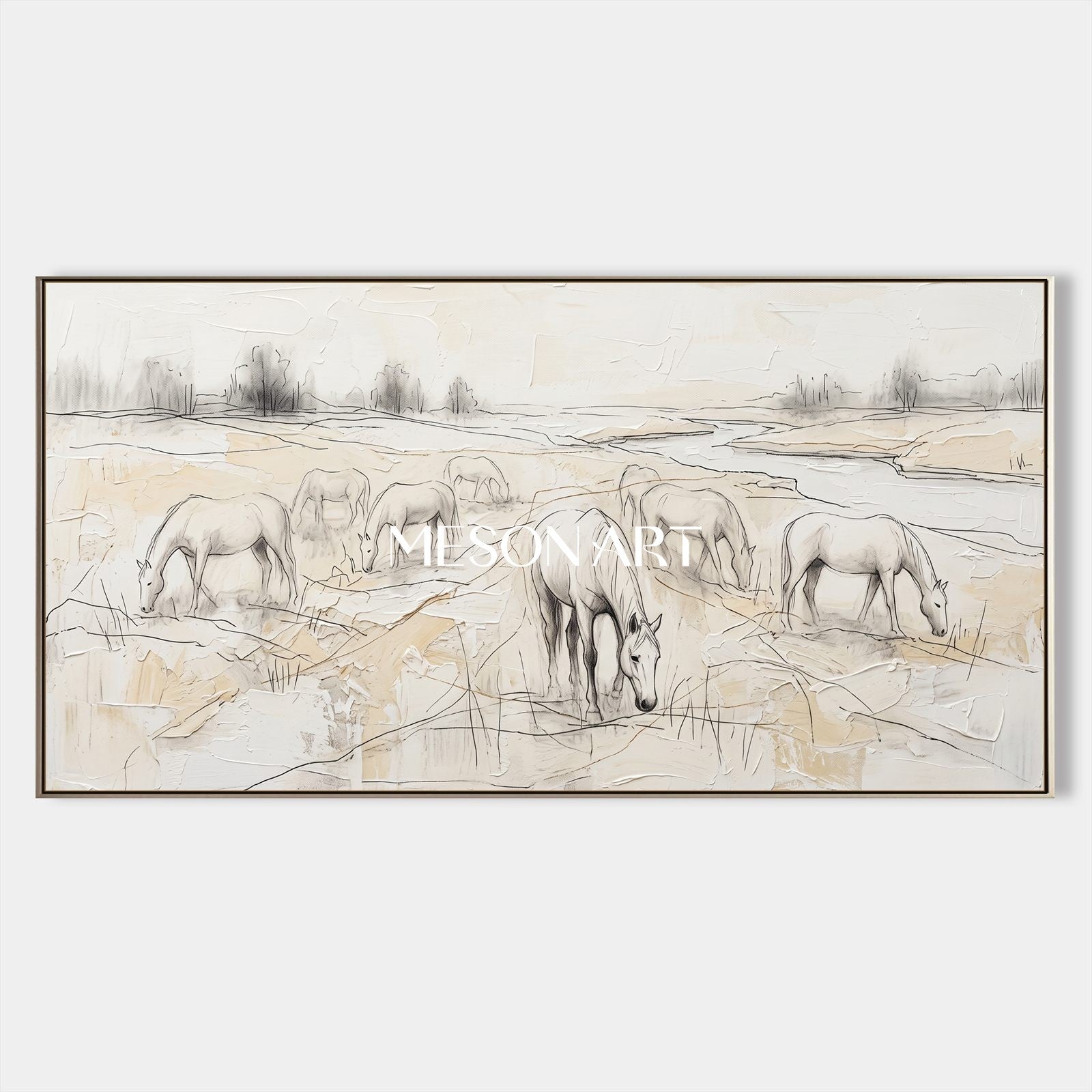 Beige And White Horses Grazing Minimalist Painting Original Artist Panoramic Wall Art For Living Room By Mesonart