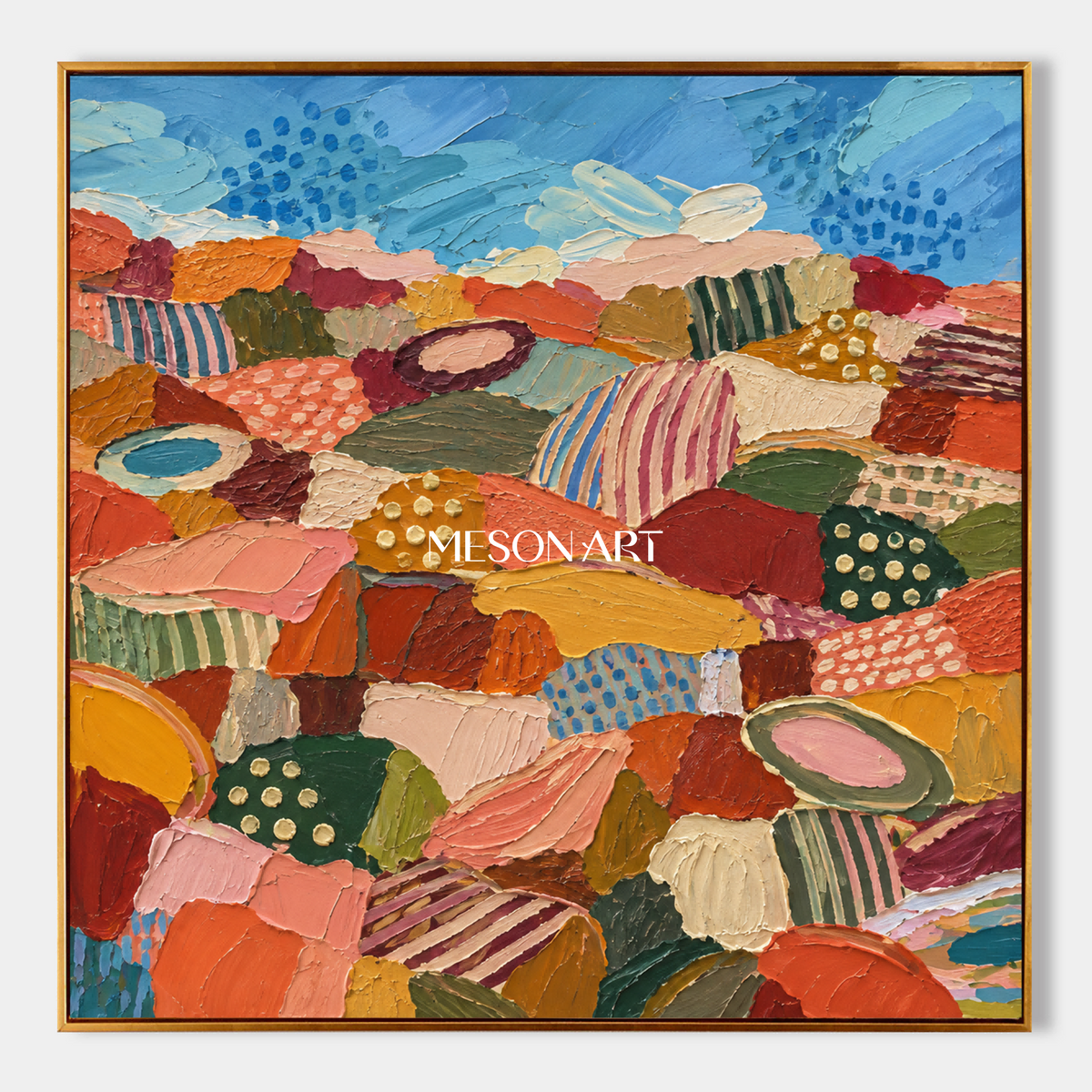 Blue And Orange Abstract Landscape Painting Original Hand Painted Square Wall Art For Living Room By Mesonart