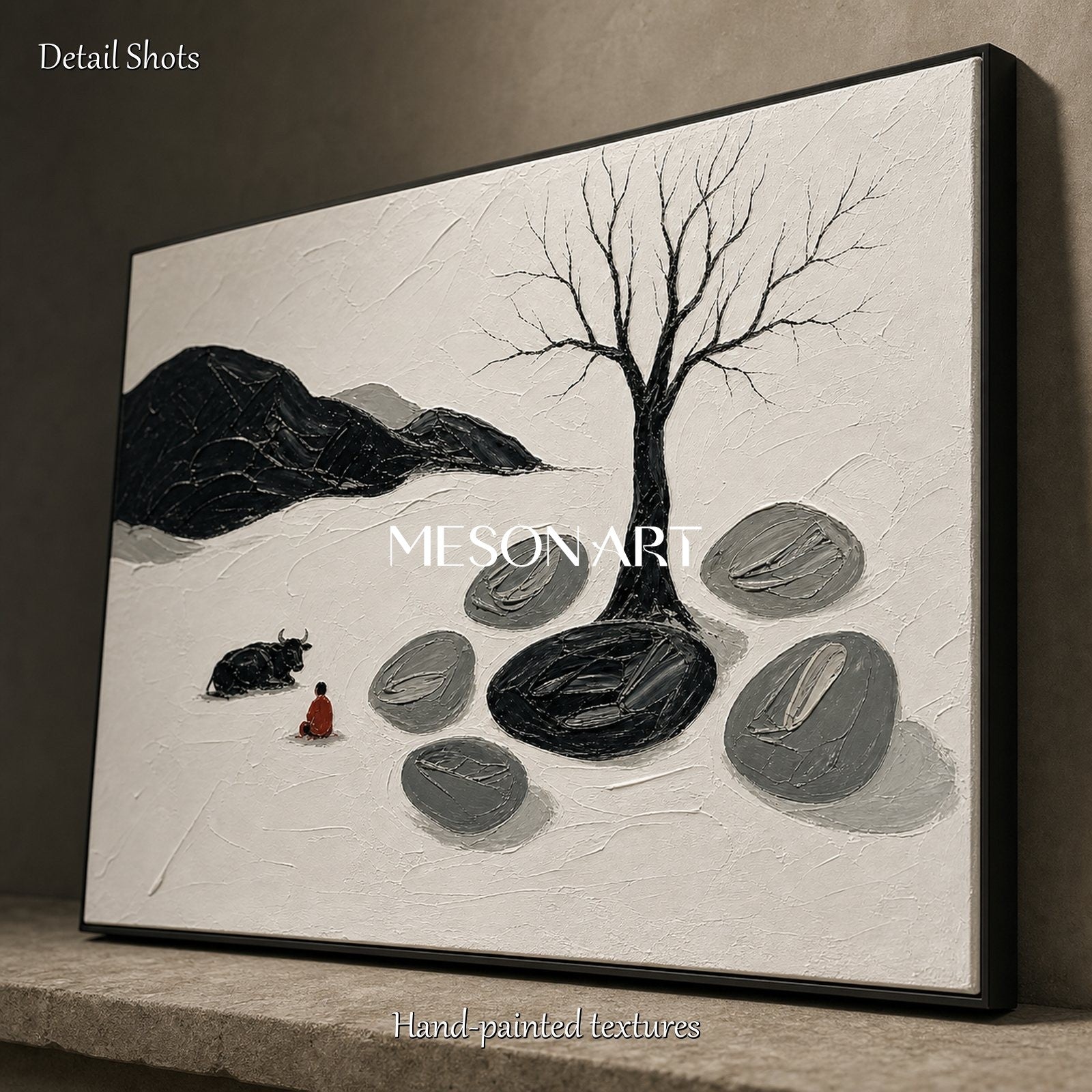 Minimalist Zen Art Painting With Tree And Figure For Modern Living Room Decor