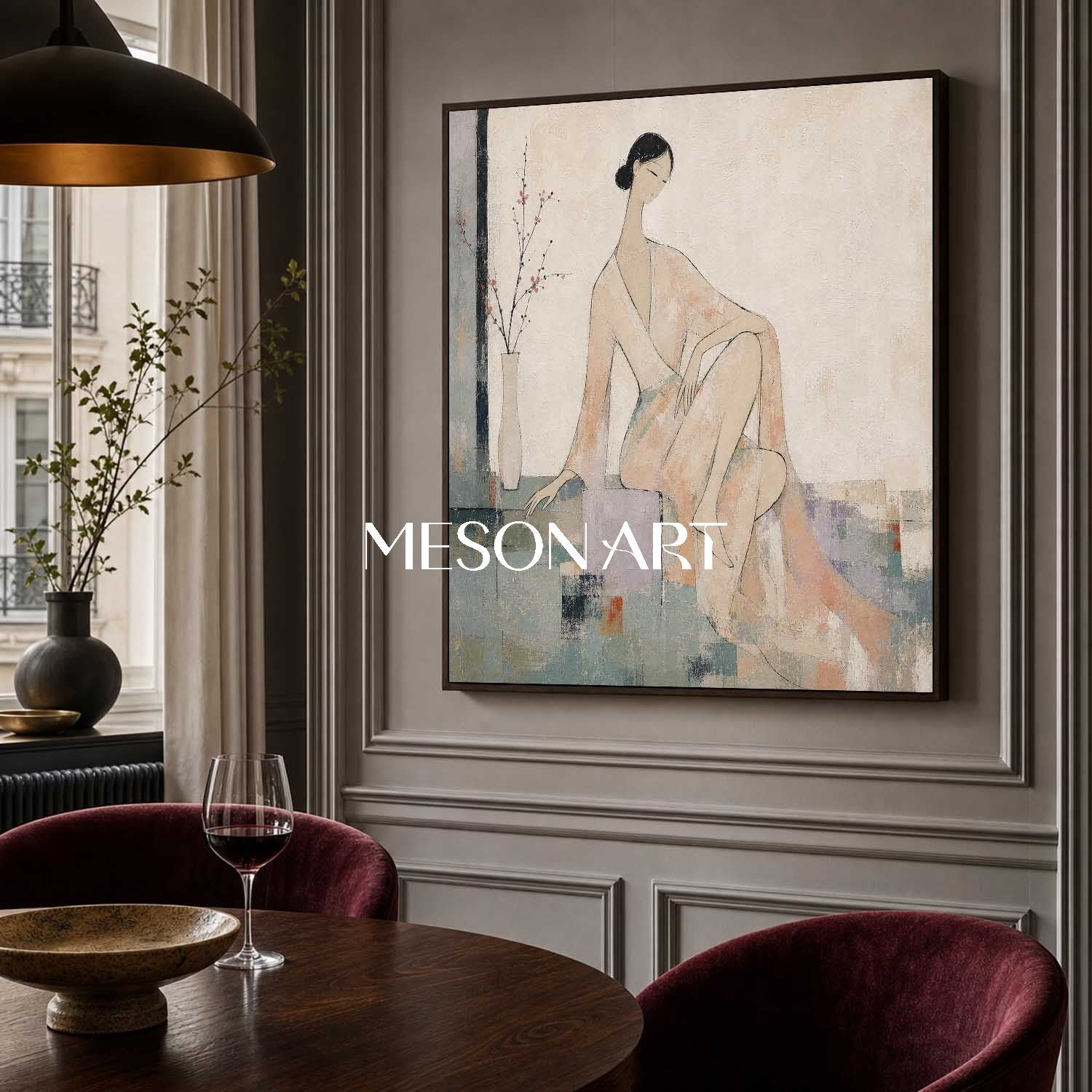 Minimalist Female Portrait Painting In Beige And Gray For Modern Bedroom Decor