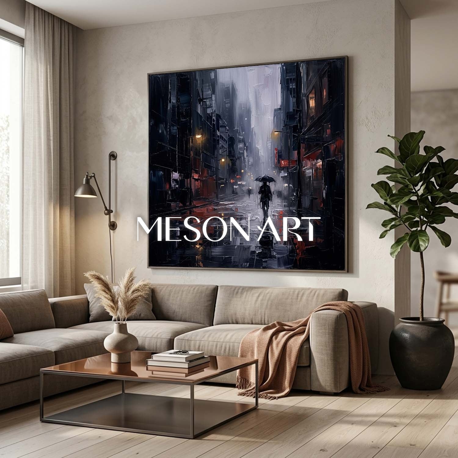 Abstract Cityscape Painting With Textured Plaster Finish For Industrial Loft Living Room