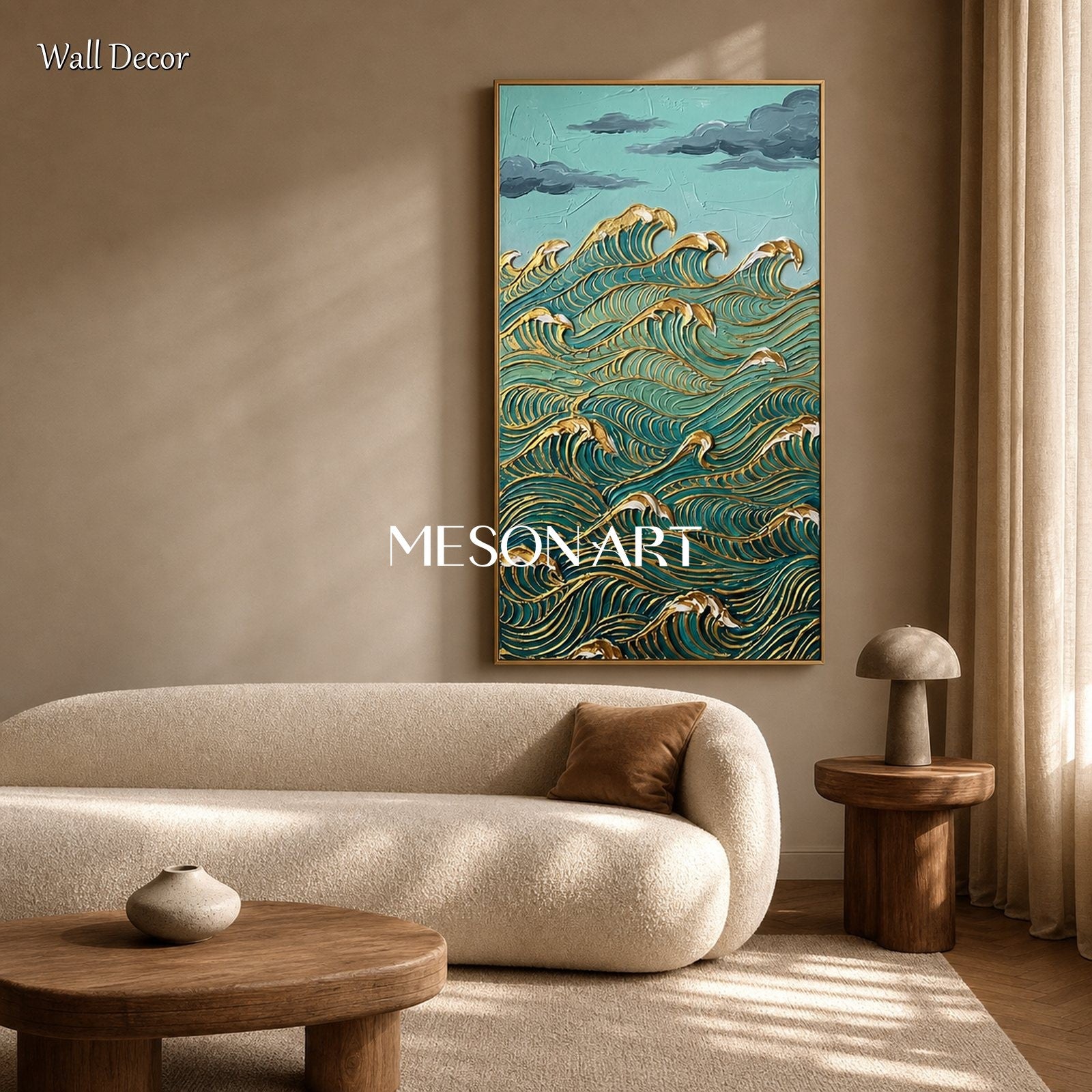 Large Gold Wave Painting With Teal Textured Relief For Art Deco Entryway And Living Room Decor