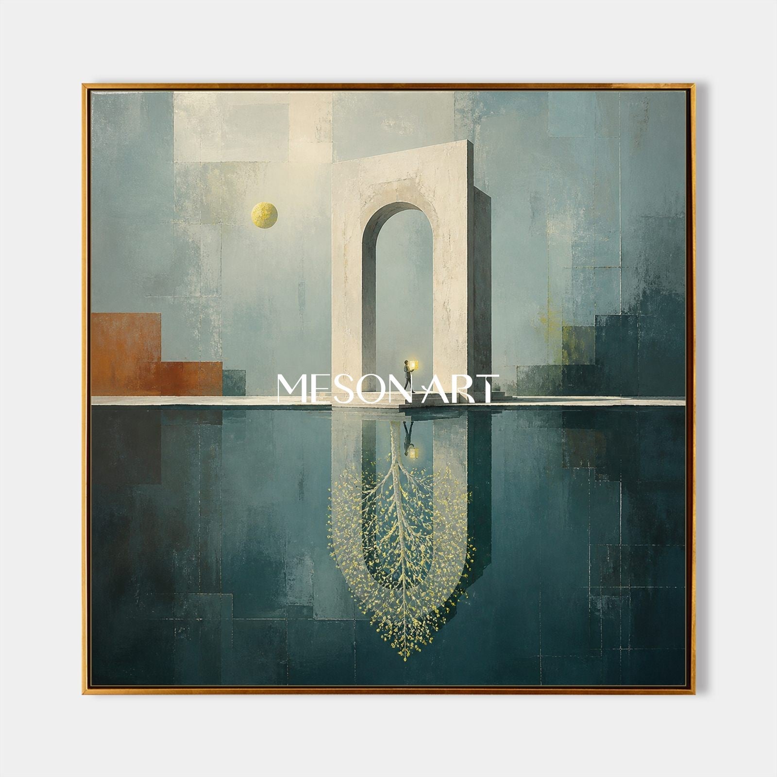 Surrealist Architecture Painting With Golden Accents For Art Deco Interior Design
