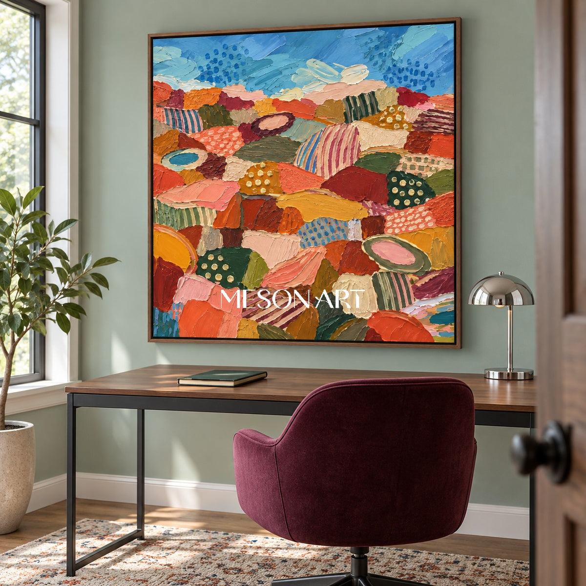 Blue And Orange Abstract Landscape Painting Original Hand Painted Square Wall Art For Living Room By Mesonart
