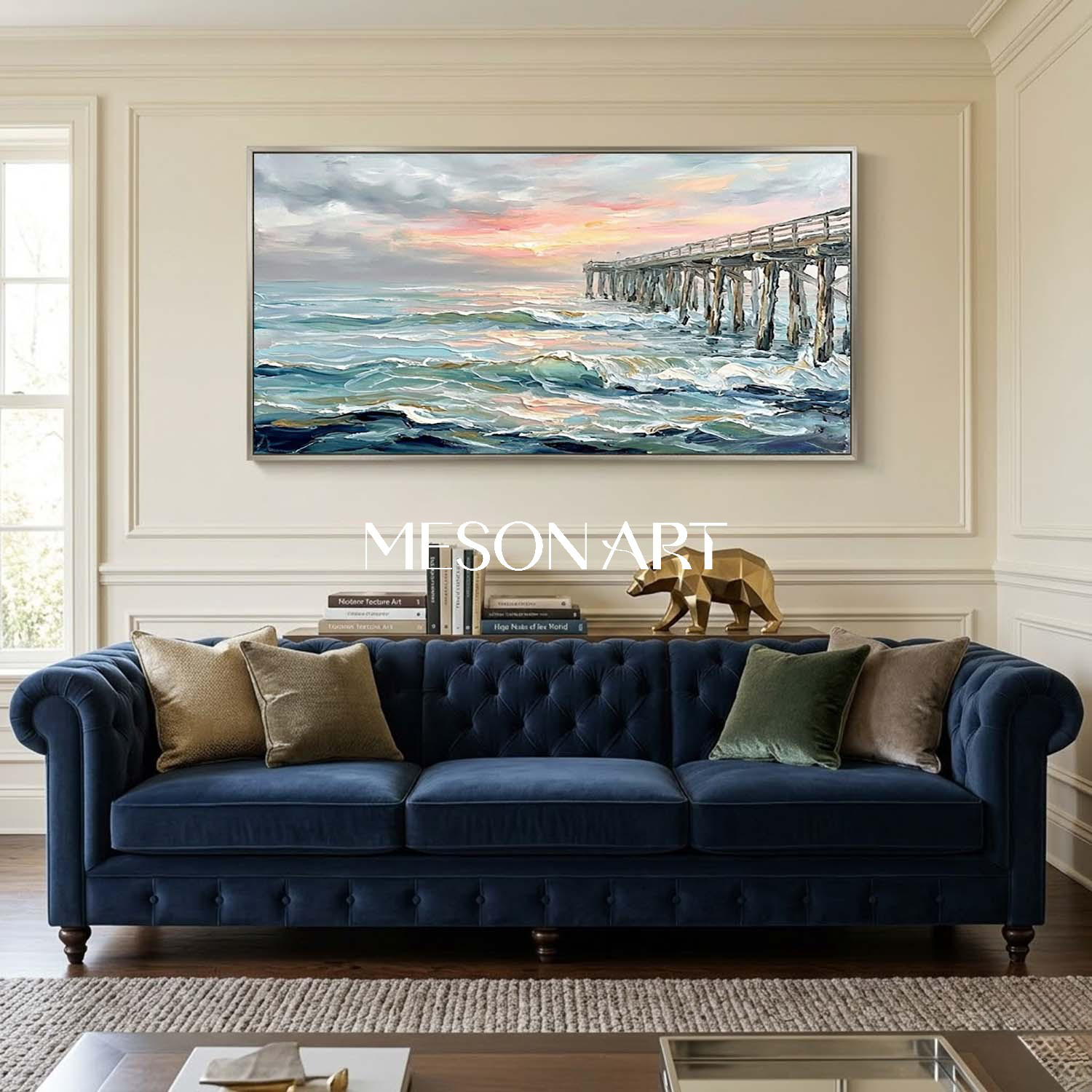 Luxury Impressionist Seascape Painting With Wooden Pier For Coastal Living Room Decor