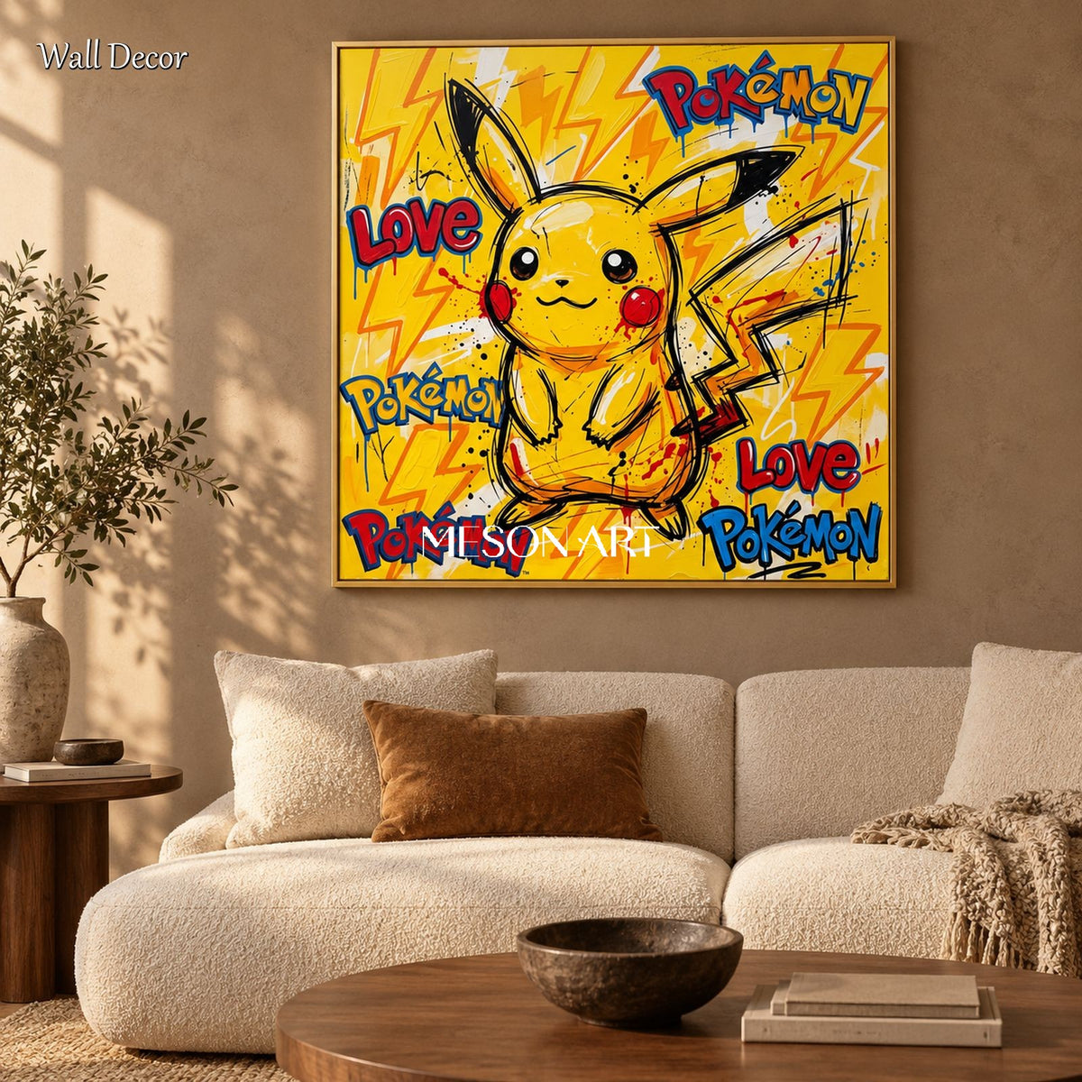 Yellow And Red Pokemon Pop Art Painting KAWS Style Square Wall Art For Living Room By Mesonart