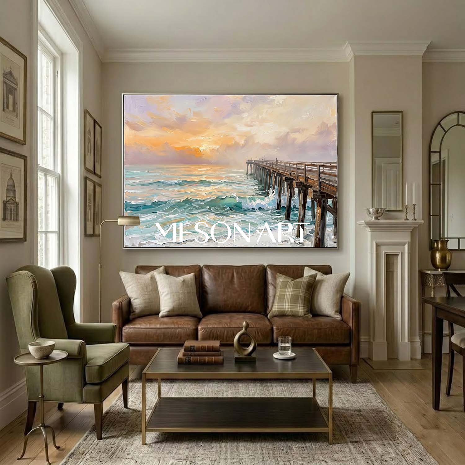 Luxury Golden Sunset Ocean Painting With Wooden Pier For Coastal Living Room Decor