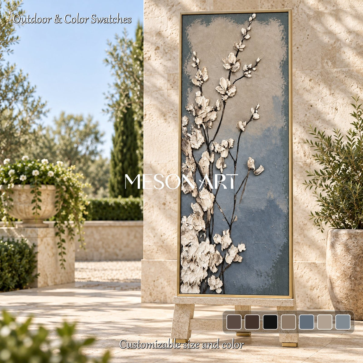 Blue And Cream Floral Impasto Art Panoramic Canvas Original Artist Living Room Wall Decor By Mesonart