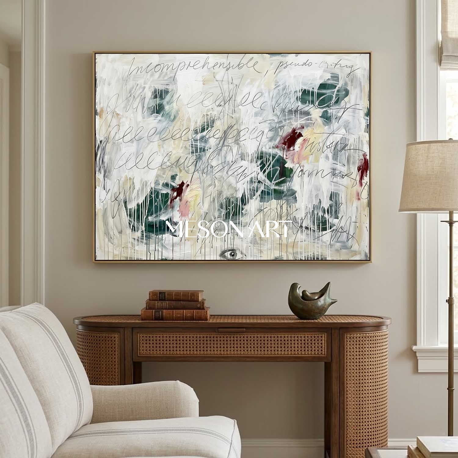 Large White Drip Graffiti Painting Handmade Textured Script Canvas Office